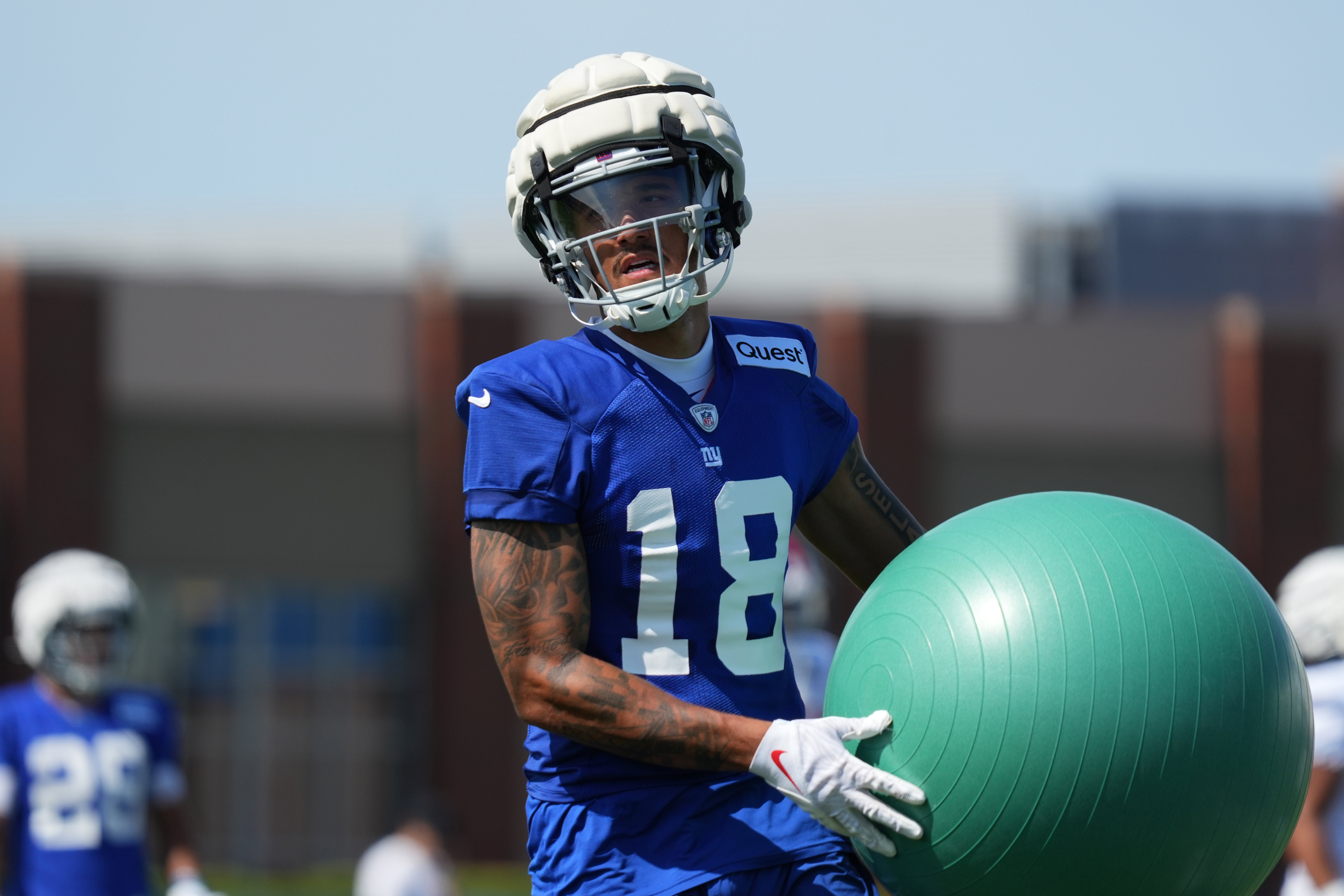New York Giants wide receiver Isaiah Hodgins (18) does a drill during training camp at Quest Diagnostics Training Center.