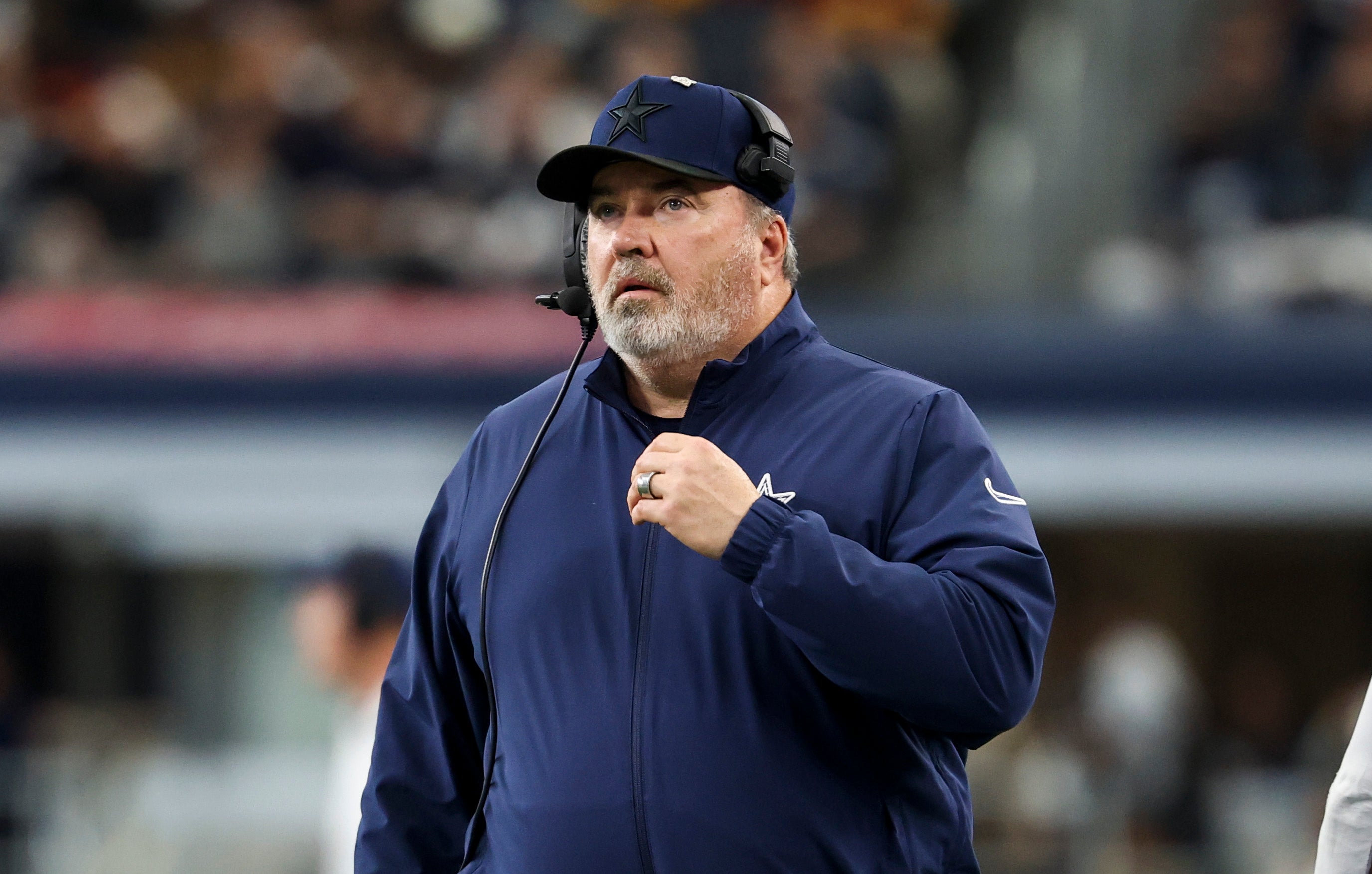 Jan 5, 2025; Arlington, Texas, USA; Dallas Cowboys head coach Mike McCarthy looks on during the first half against the Washington Commanders at AT&T Stadium.