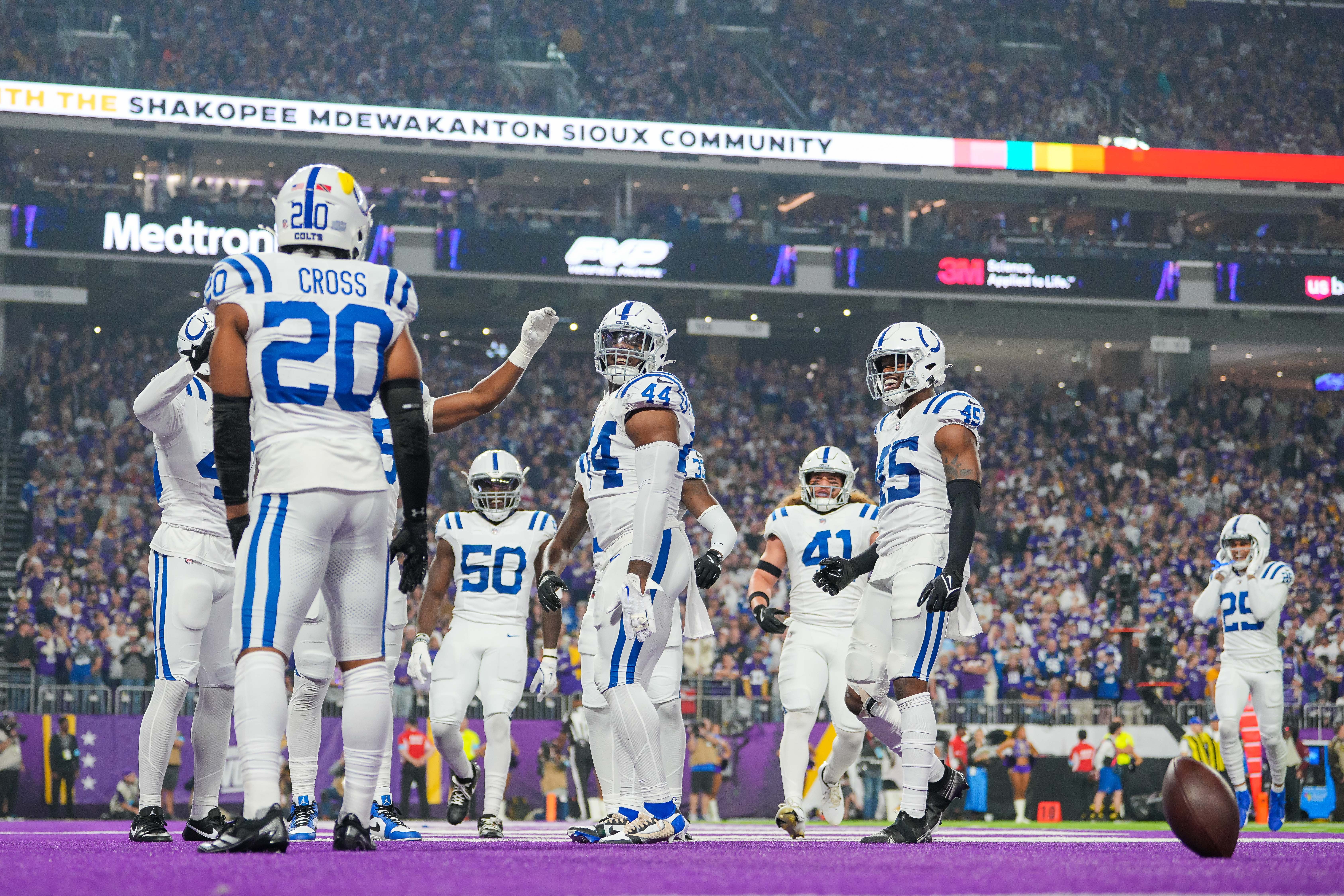 Nov 3, 2024; Minneapolis, Minnesota, USA; Indianapolis Colts linebacker Zaire Franklin (44) celebrates his interception against the Minnesota Vikings in the first quarter at U.S. Bank Stadium.