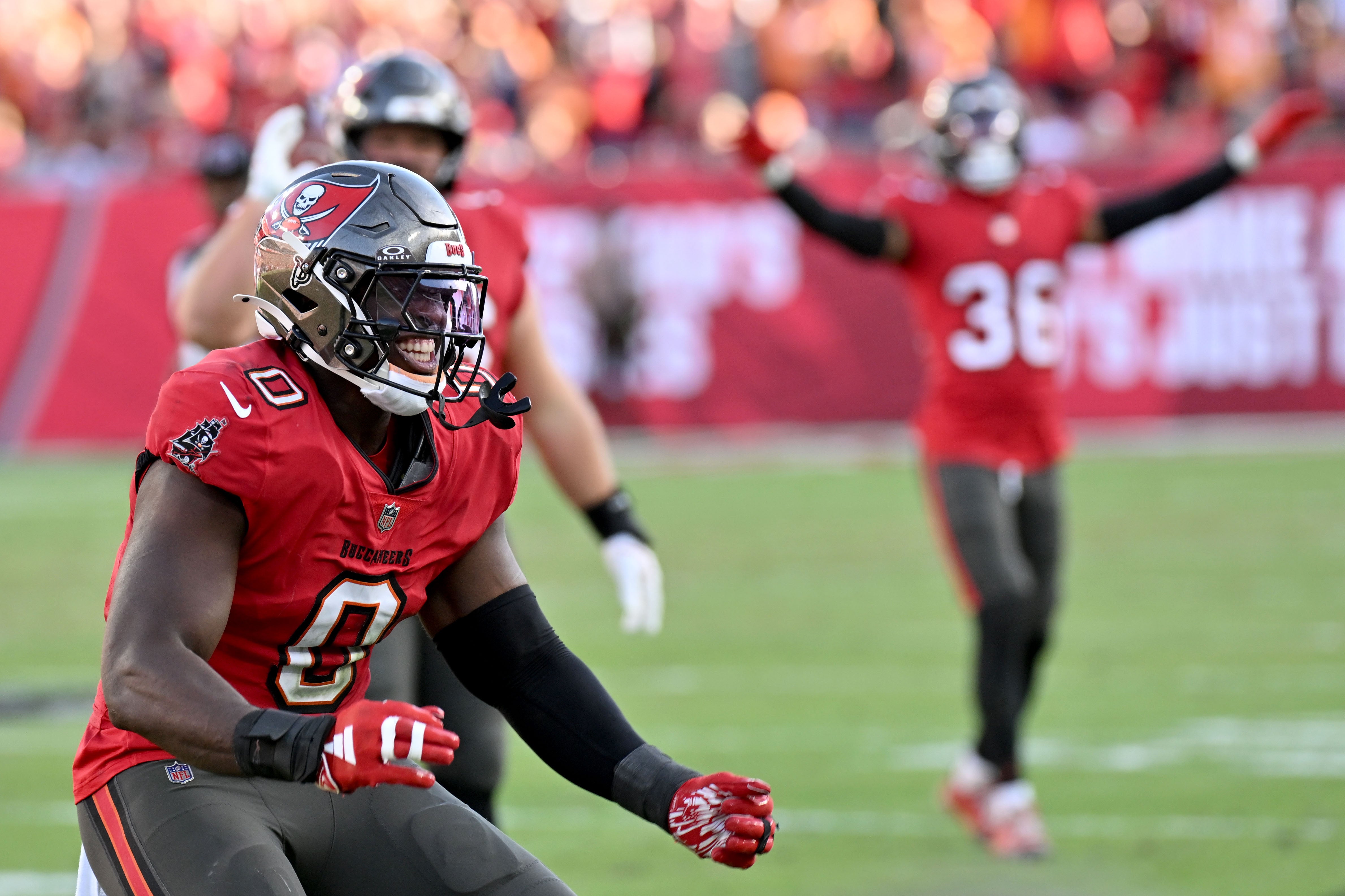 Jan 5, 2025; Tampa, Florida, USA; Tampa Bay Buccaneers linebacker Yaya Diaby (0) celebrates after getting a stop in the second half against the New Orleans Saints at Raymond James Stadium.