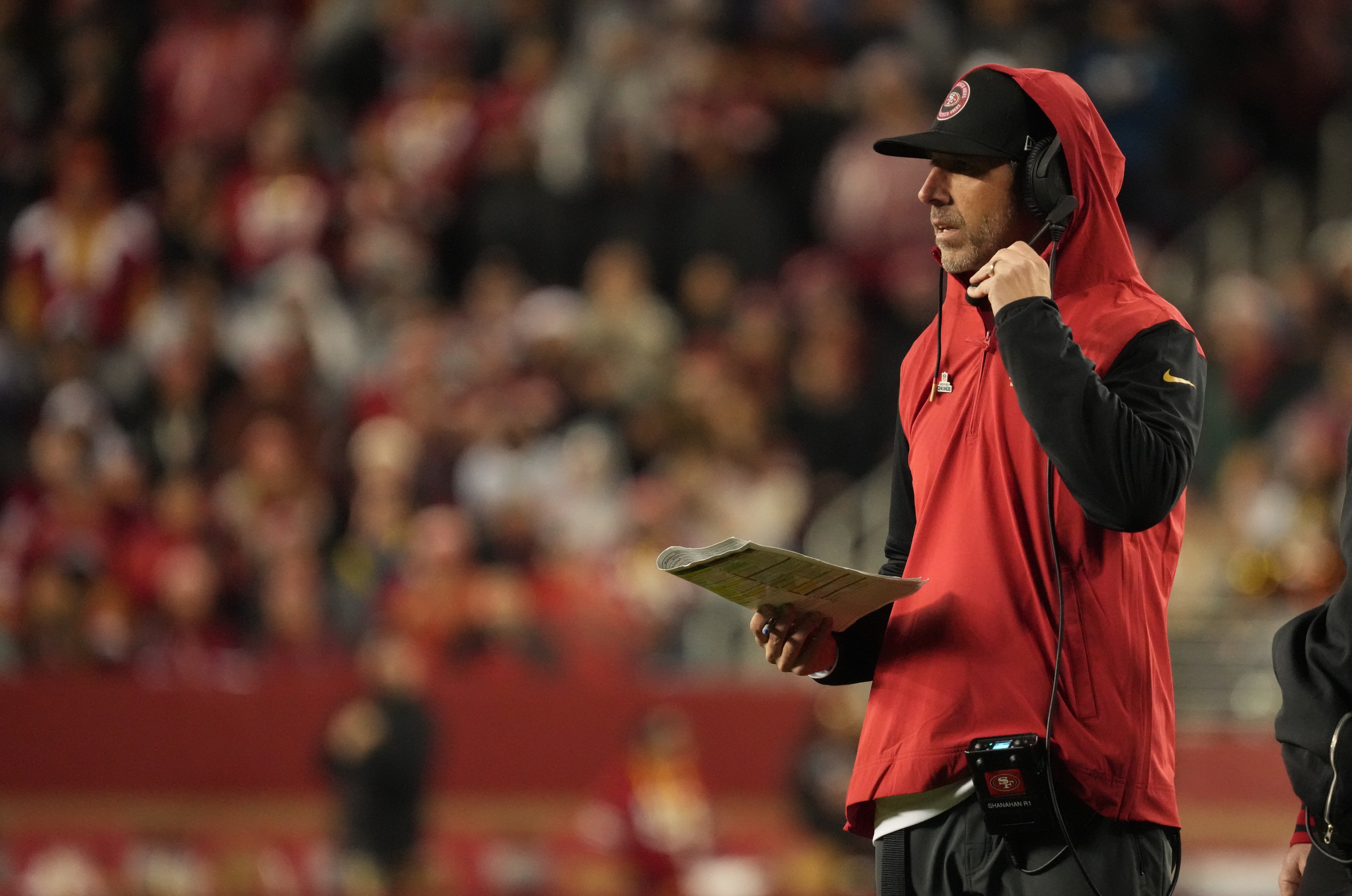 San Francisco 49ers head coach Kyle Shanahan on the sideline against the Los Angeles Rams during the fourth quarter at Levi's Stadium.