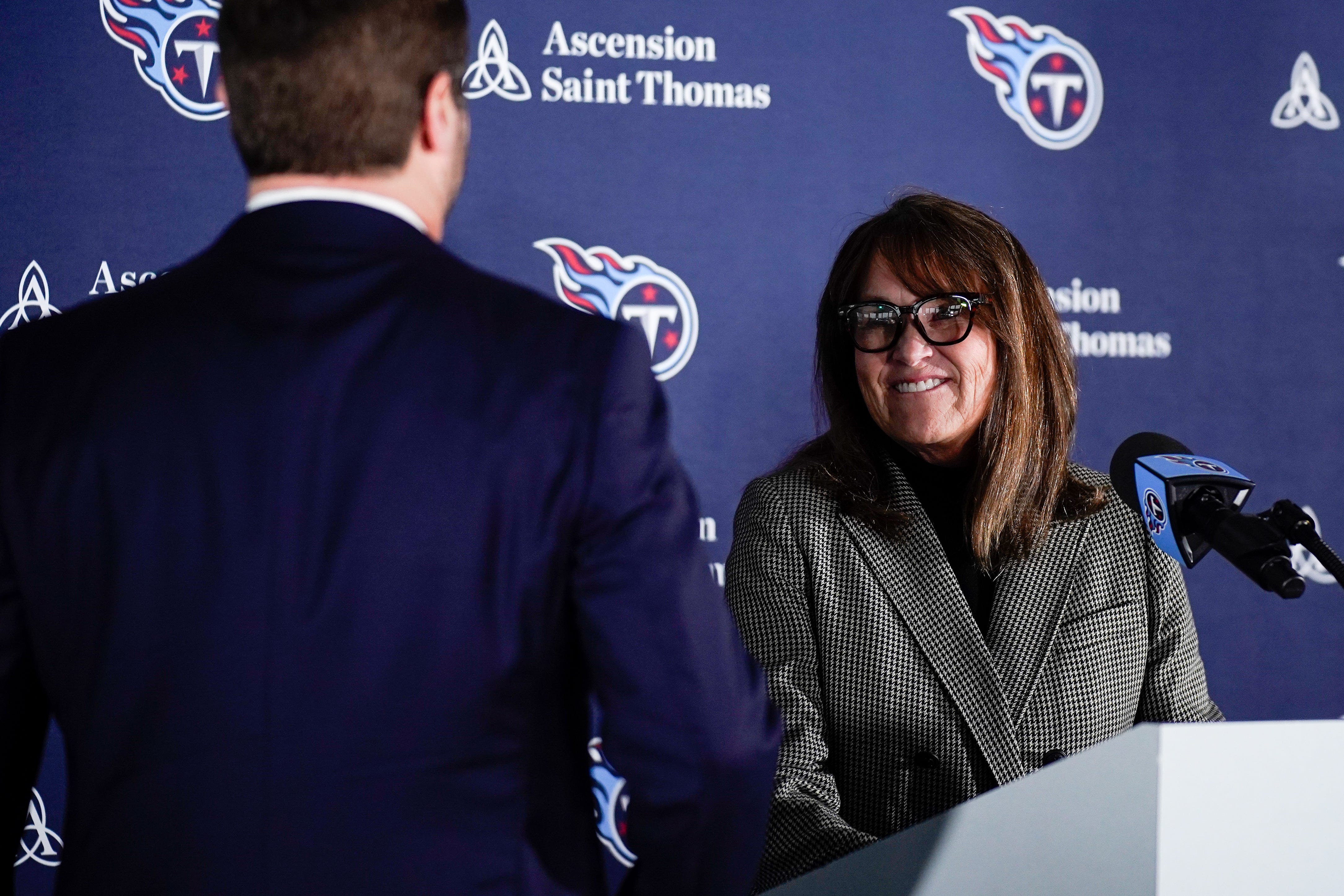 Brian Callahan, left, is introduced by Tennessee Titans controlling owner Amy Adams Strunk, right, during a press conference after being hired as the Titans new head coach at Ascension Saint Thomas Sp... Denny Simmons / The Tennessean-USA TODAY NETWORK