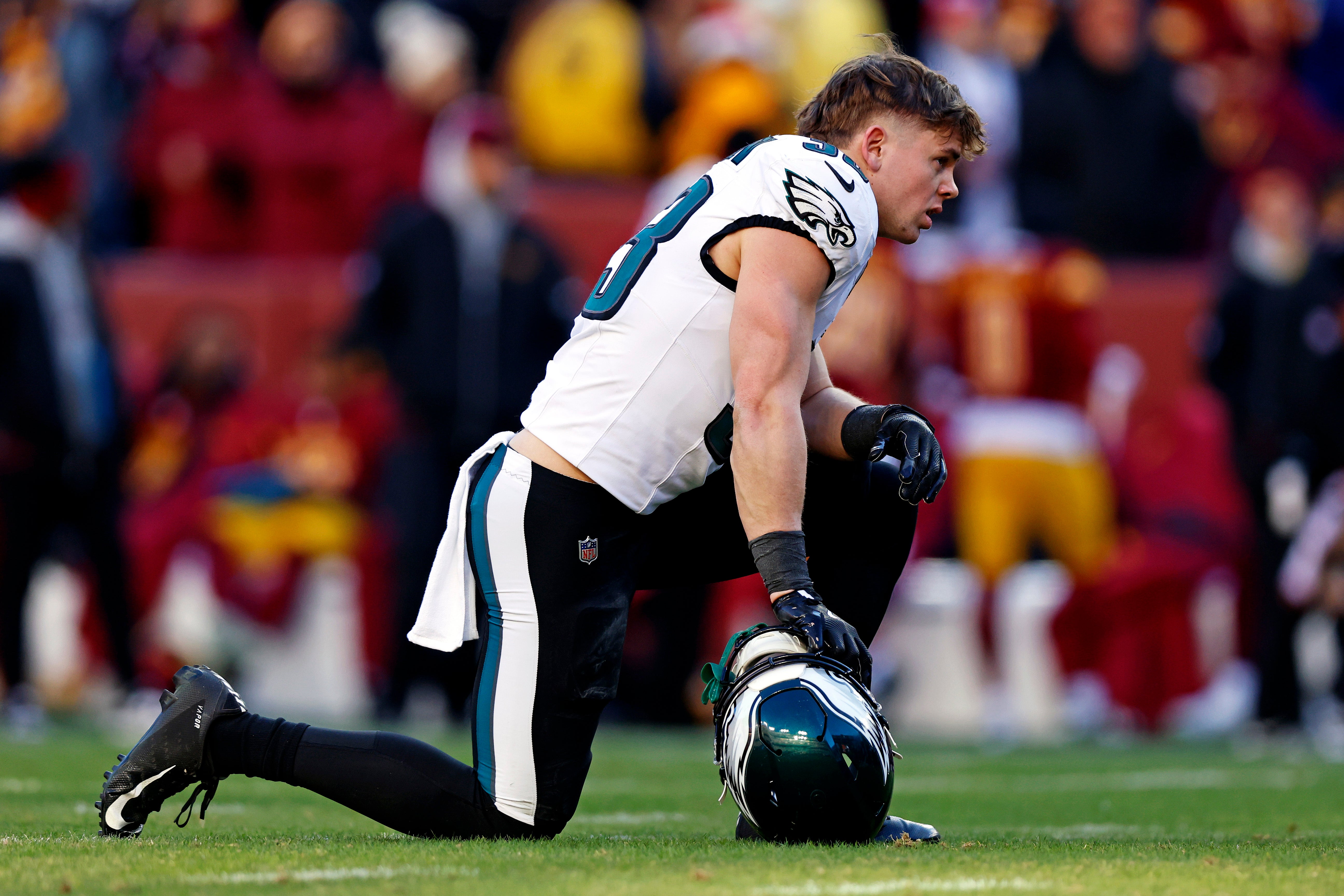 Philadelphia Eagles cornerback Cooper DeJean (33) reacts during the second quarter against the Washington Commanders at Northwest Stadium.
