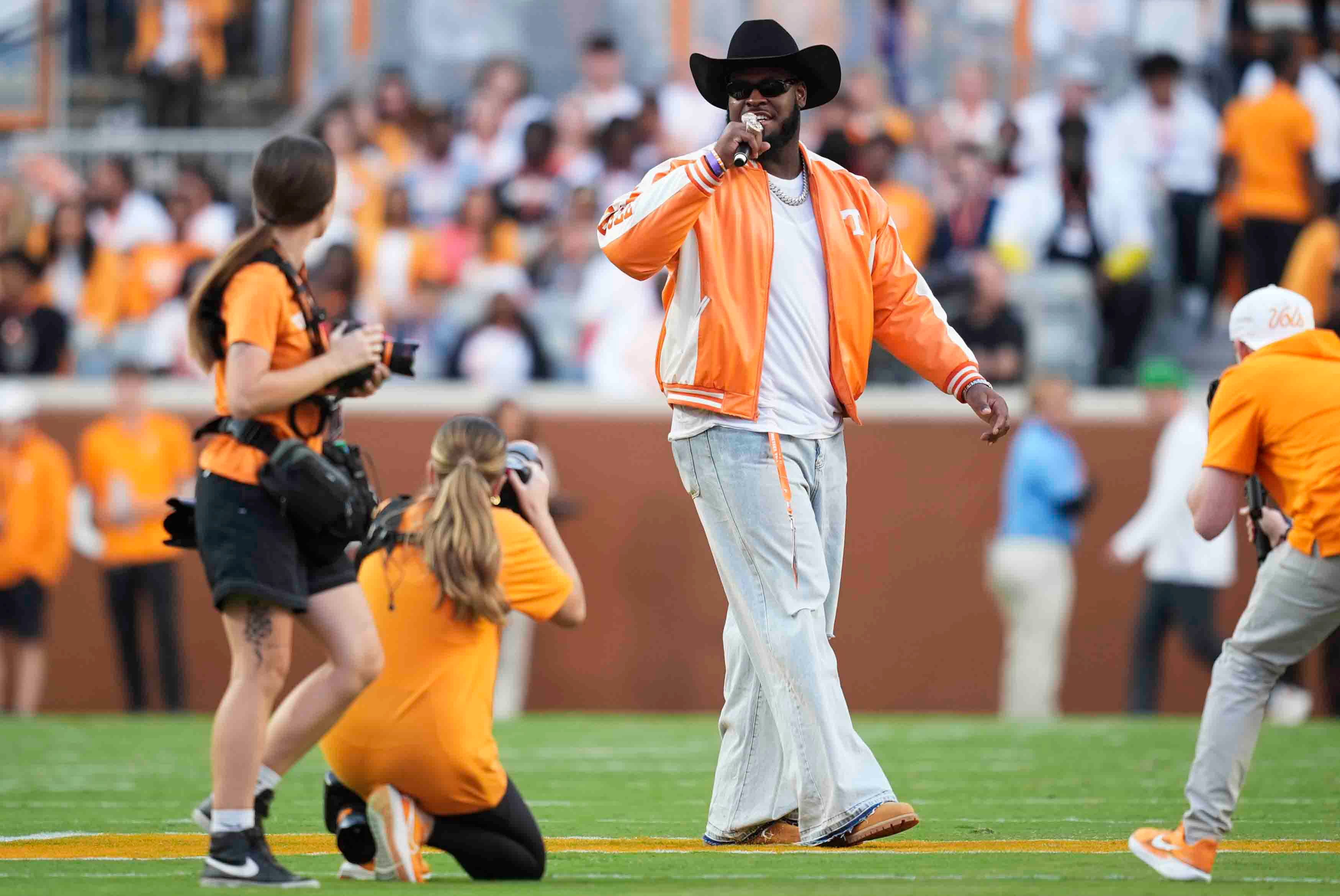 Oct 12, 2024; Knoxville, Tennessee, USA; Kansas City Chiefs player Trey Smith walks onto the field during a game between Florida Gators and Tennessee Volunteers at Neyland Stadium.
