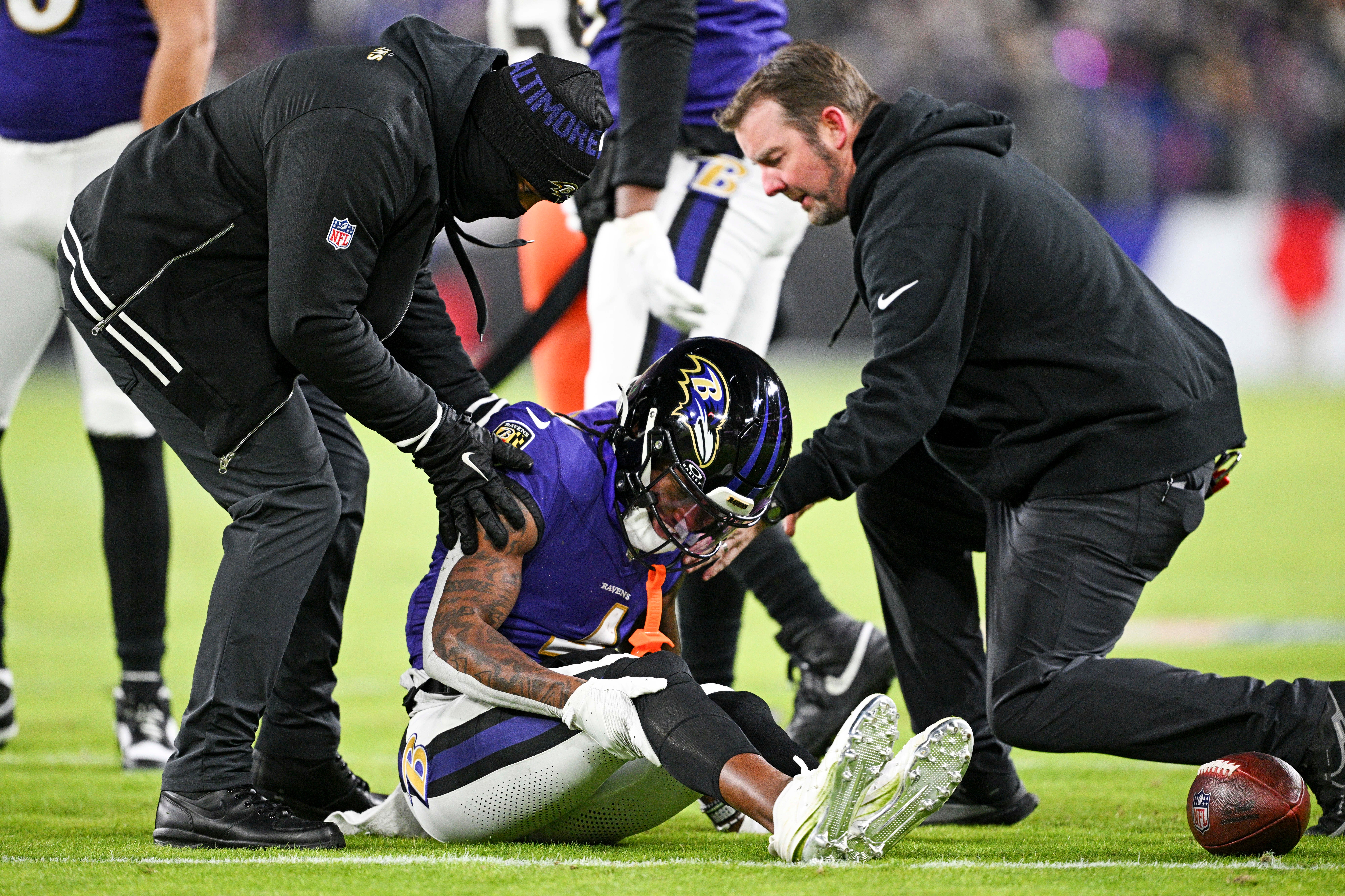 Jan 4, 2025; Baltimore, Maryland, USA; Baltimore Ravens wide receiver Zay Flowers (4) reacts after a tackle during the first quarter against the Cleveland Browns at M&T Bank Stadium.