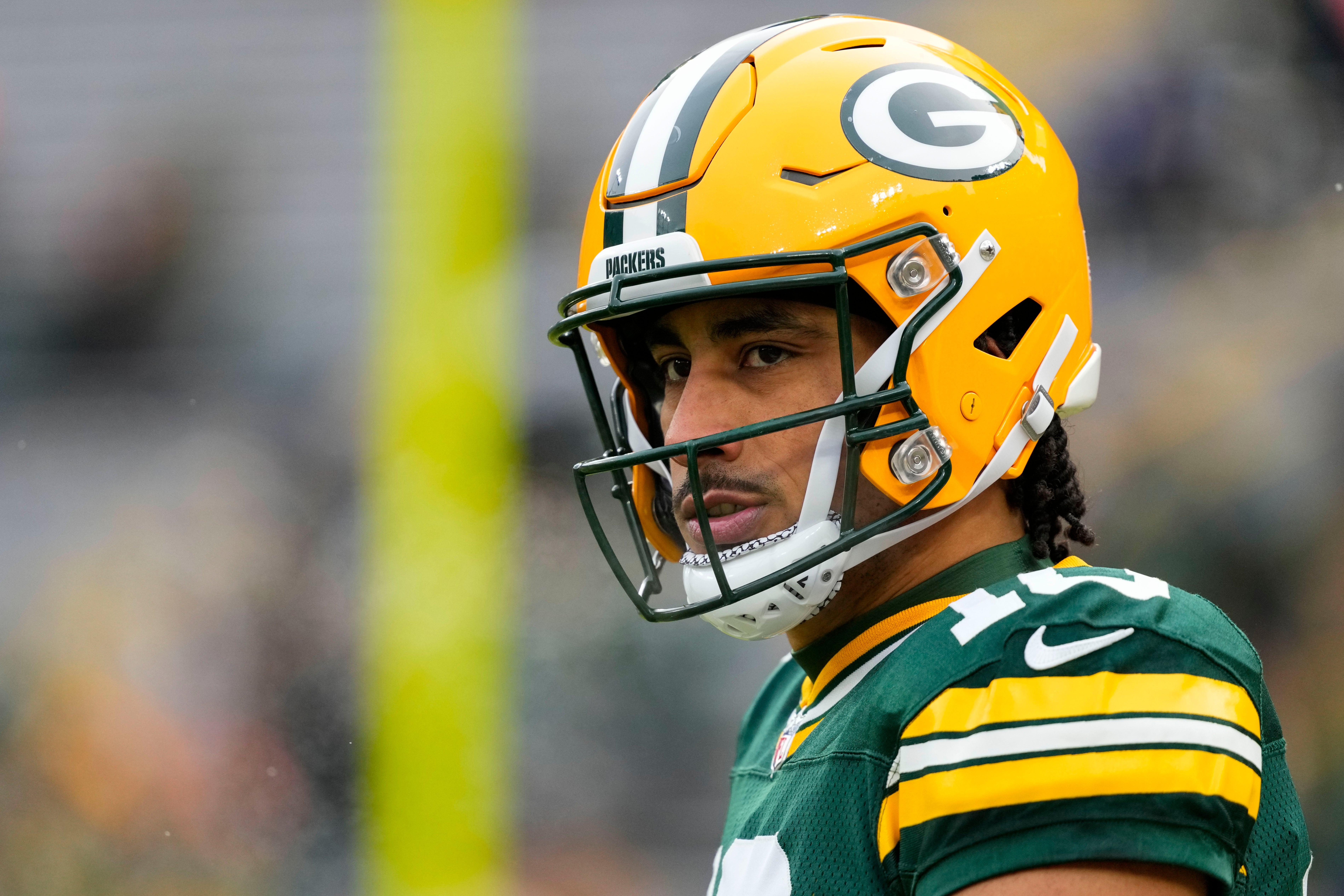 Green Bay Packers quarterback Jordan Love (10) during warmups prior to the game against the Chicago Bears at Lambeau Field.