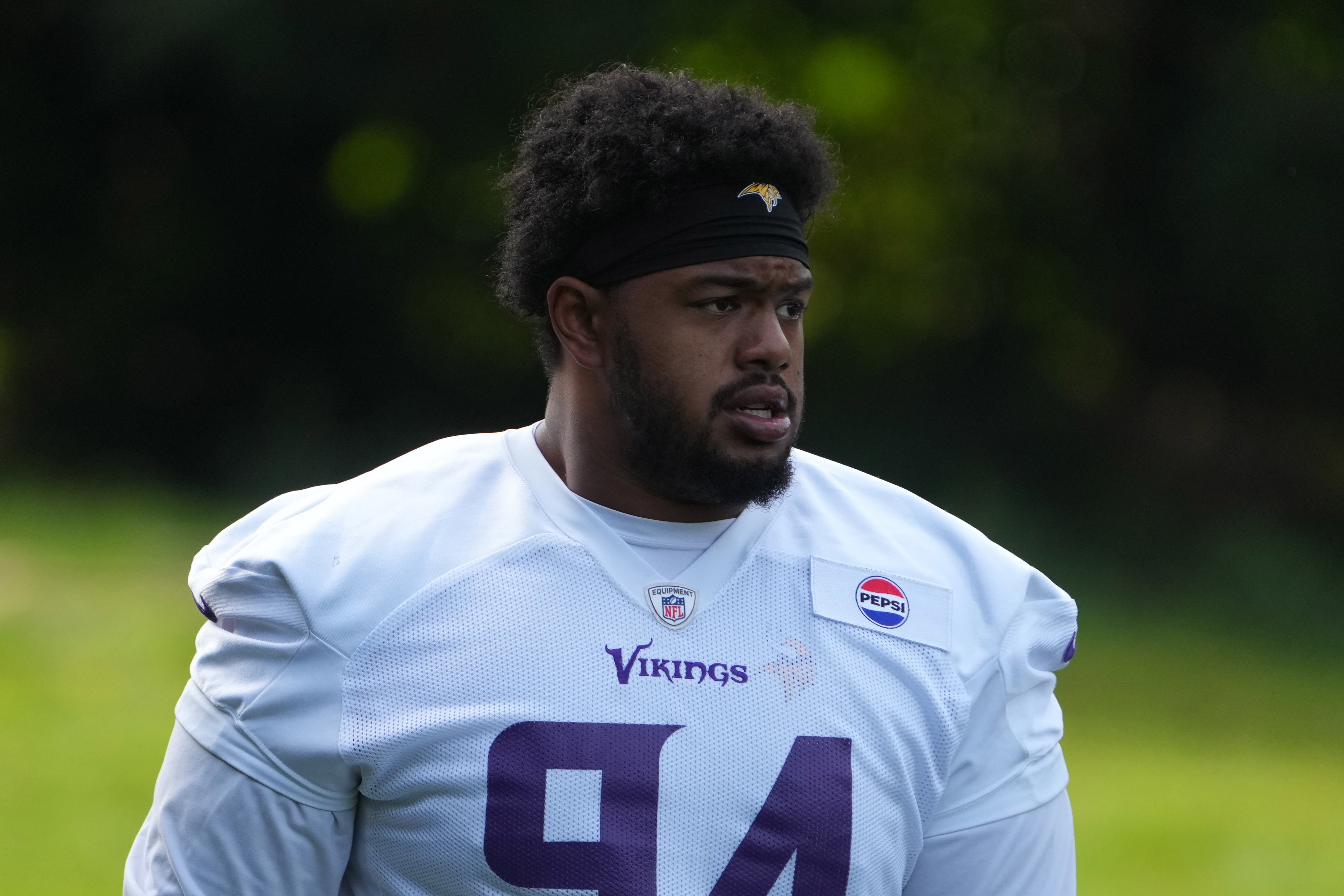Oct 4, 2024; Watford, United Kingdom; Minnesota Vikings defensive tackle Taki Taimani (94) during practice at The Grove.