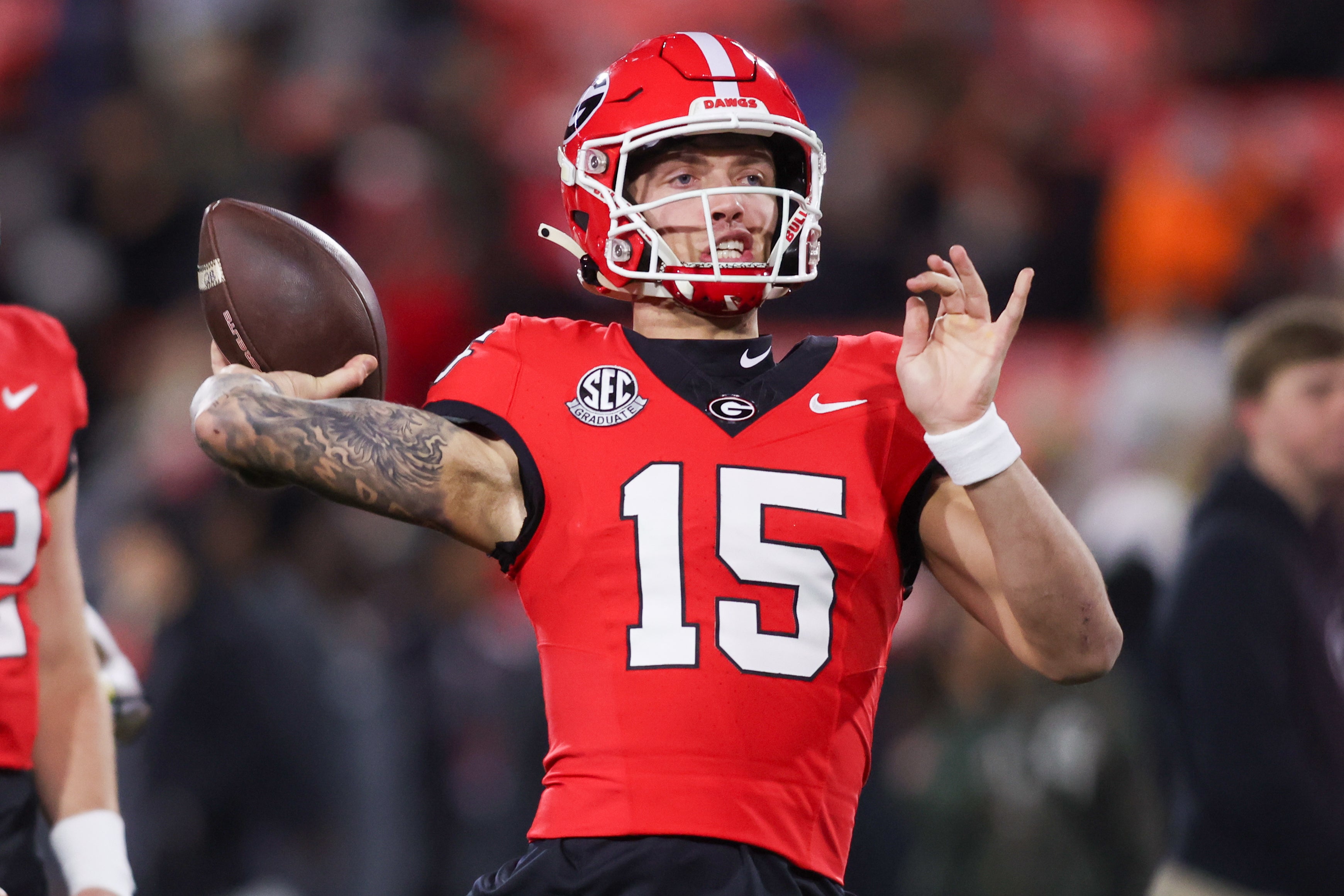 Nov 29, 2024; Athens, Georgia, USA; Georgia Bulldogs quarterback Carson Beck (15) prepares for a game against the Georgia Tech Yellow Jackets at Sanford Stadium.