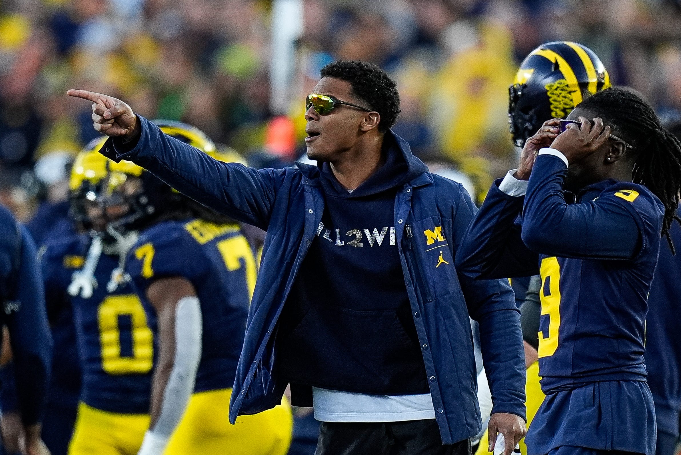 Michigan defensive back Will Johnson (2) reacts to a referee call that ruled an incomplete pass intended for tight end Colston Lovelan (not in the photo) during the second half against Oregon at Michigan Stadium in Ann Arbor on Saturday, Nov. 2, 2024.