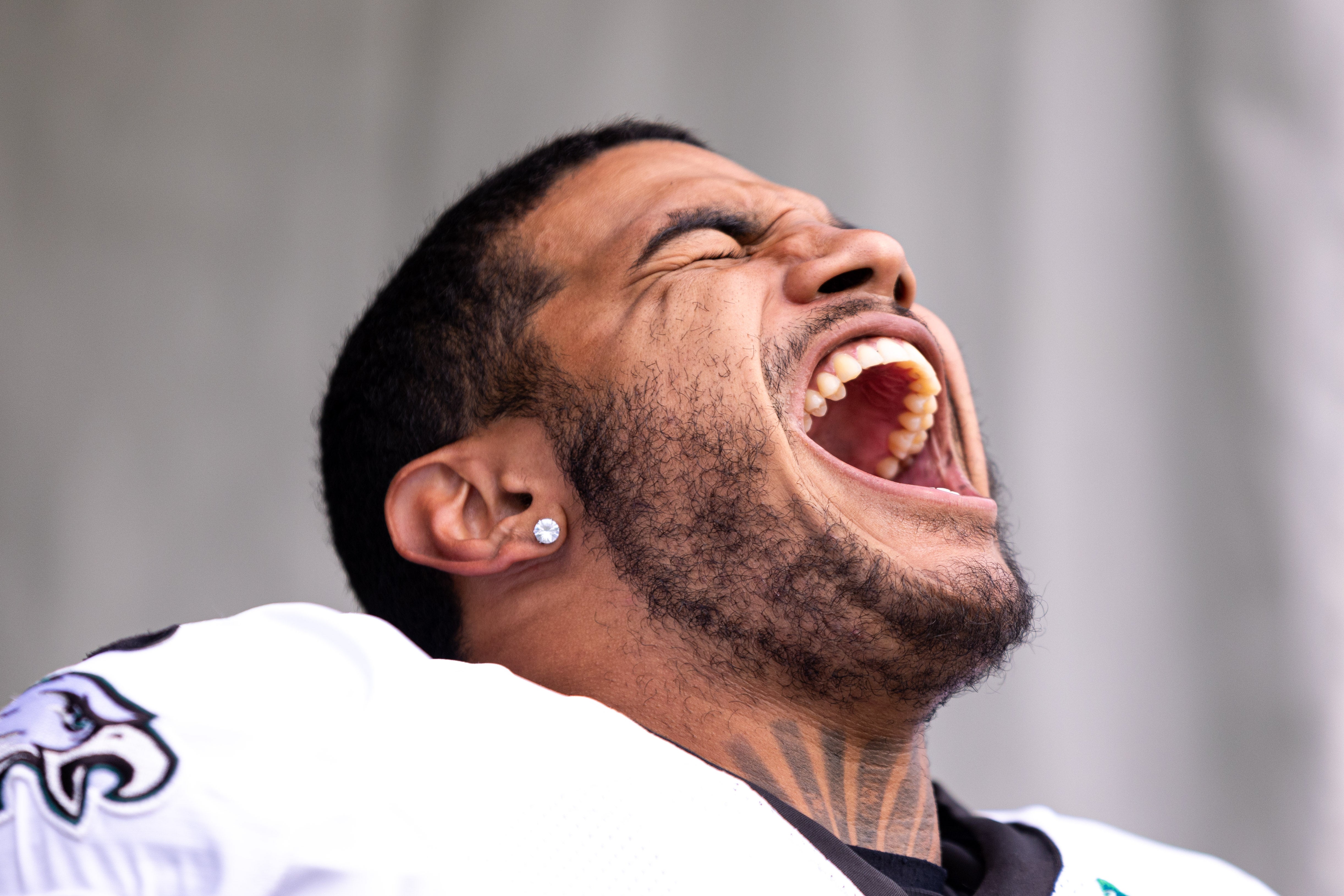 Aug 3, 2023; Philadelphia, PA, USA; Philadelphia Eagles linebacker Shaun Bradley reacts as he takes the field for practice at Novacare Complex.