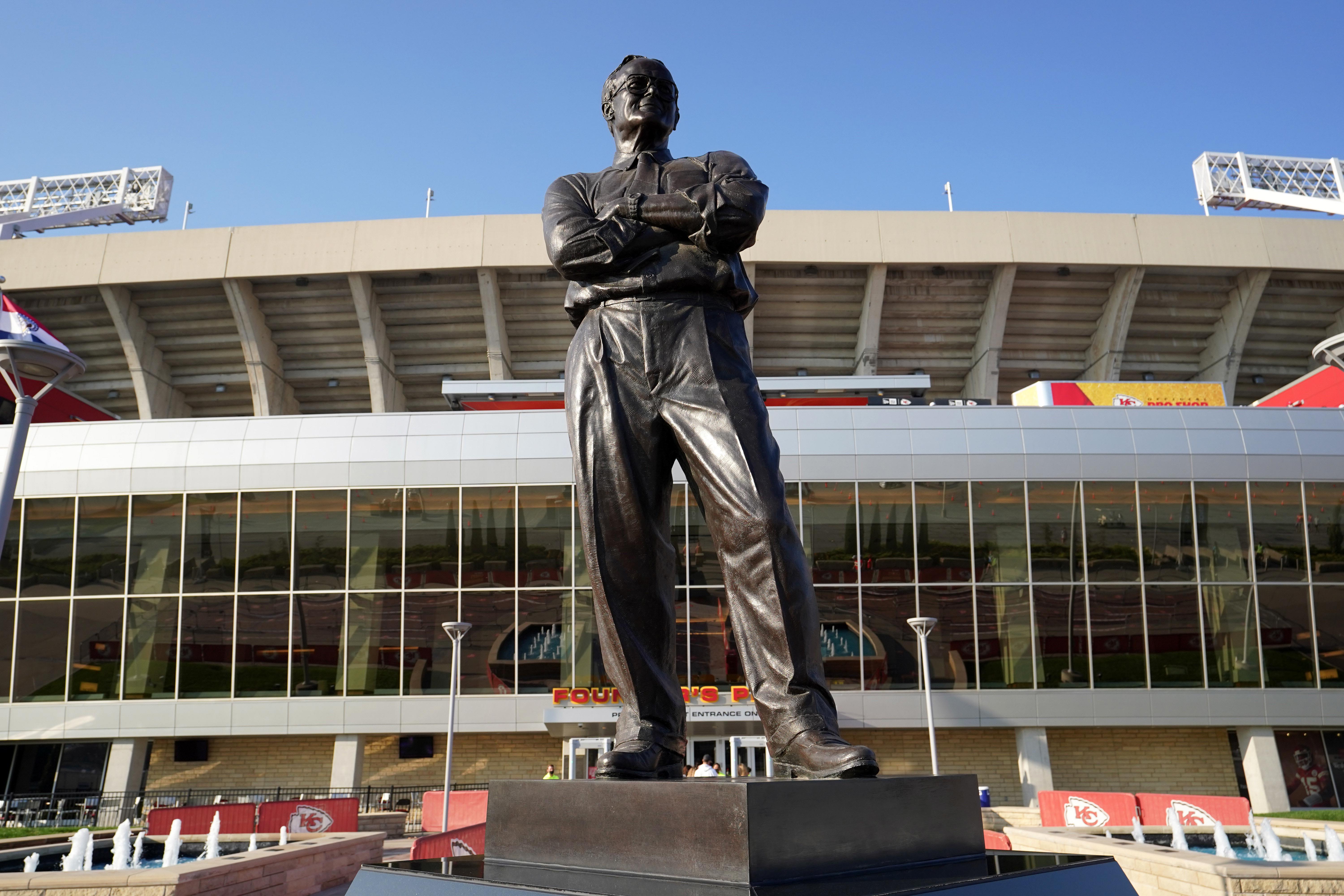 A general view of statue of AFL and Kansas City Chiefs founder Lamar Hunt at Arrowhead Stadium.