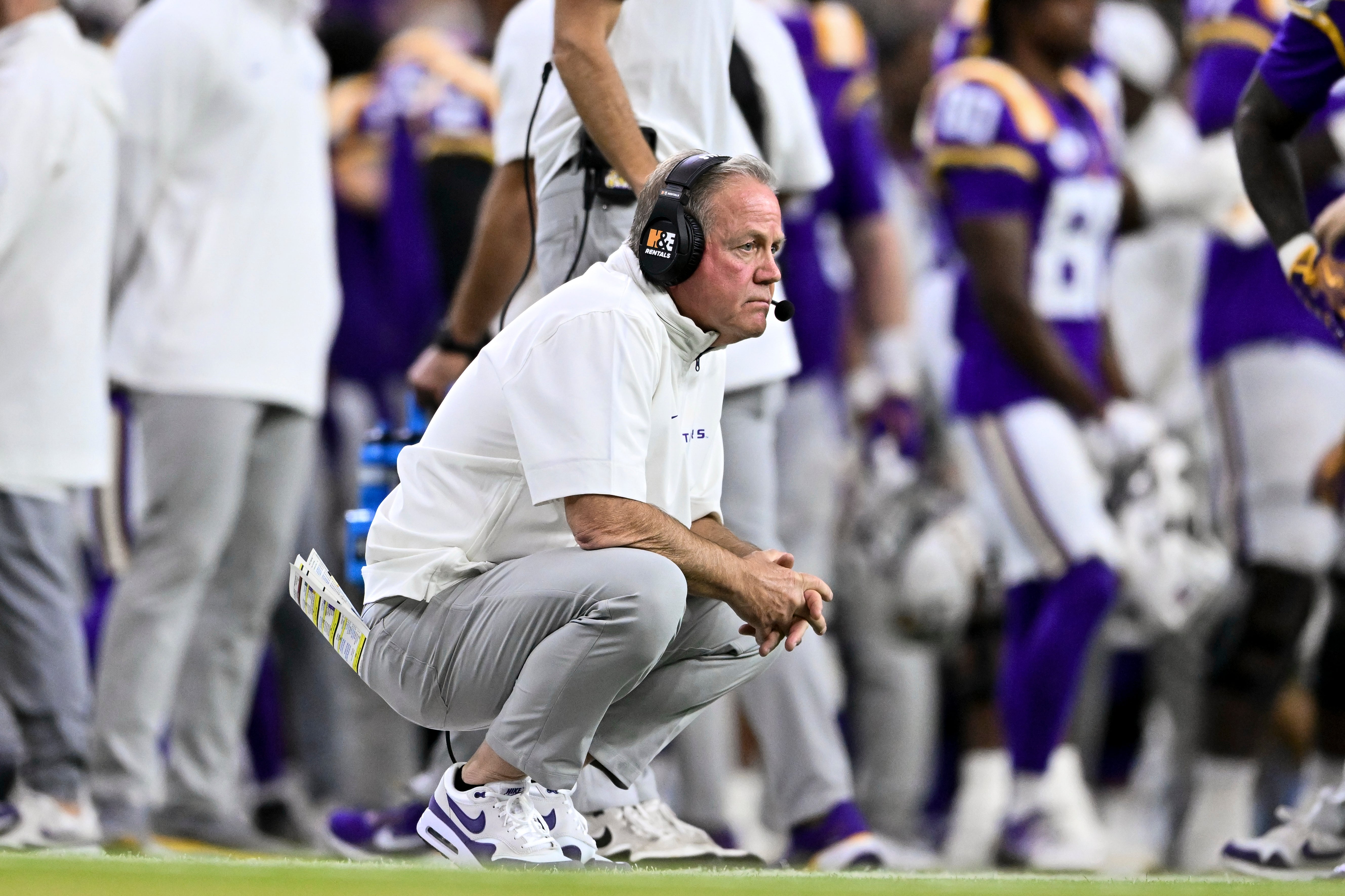 Dec 31, 2024; Houston, TX, USA; LSU Tigers head coach Brian Kelly looks on during the second half against the Baylor Bears at NRG Stadium. The Tigers defeat the Bears 44-31.
