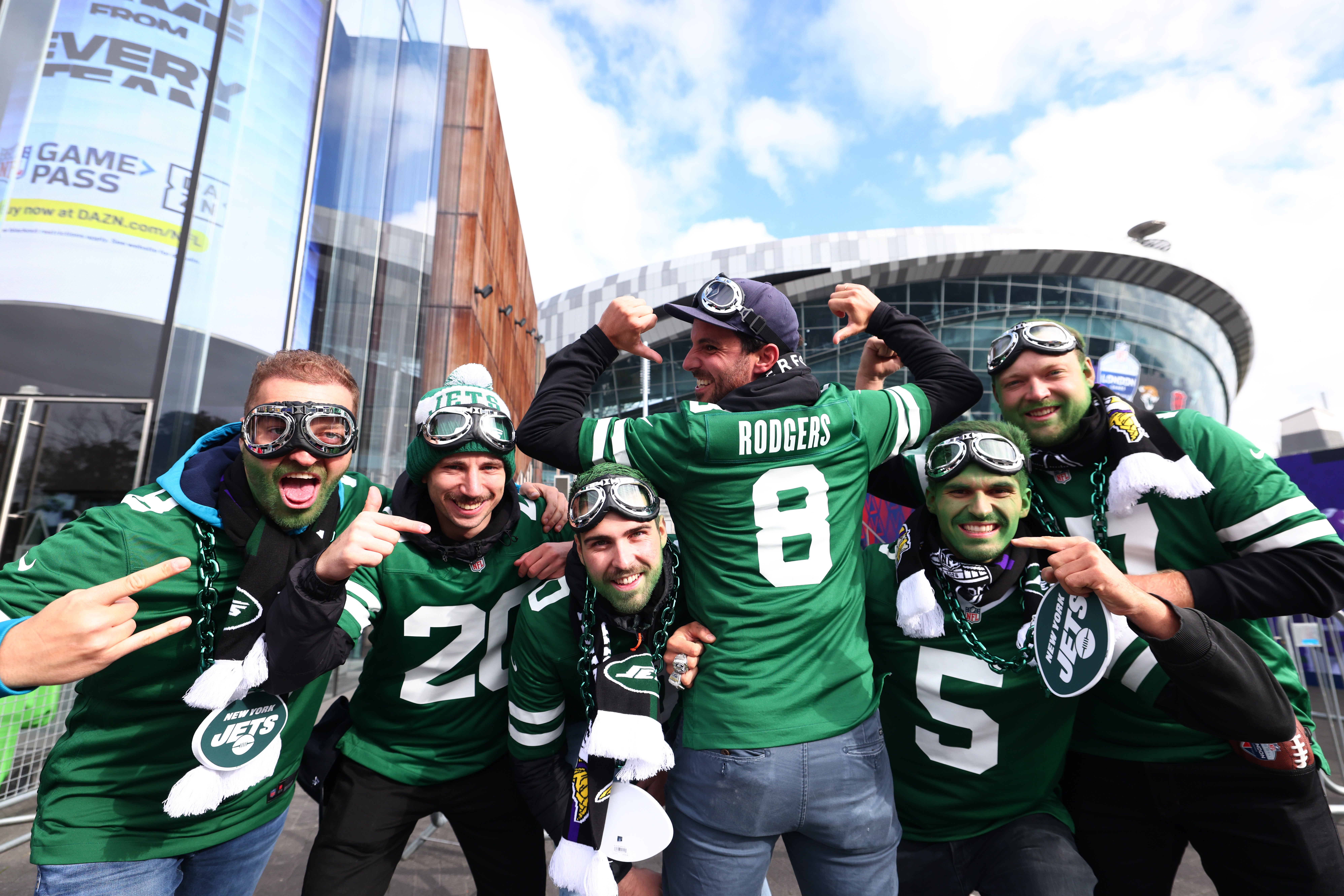 New York Jet fans enjoy the pre-match atmosphere at Tottenham Hotspur Stadium.