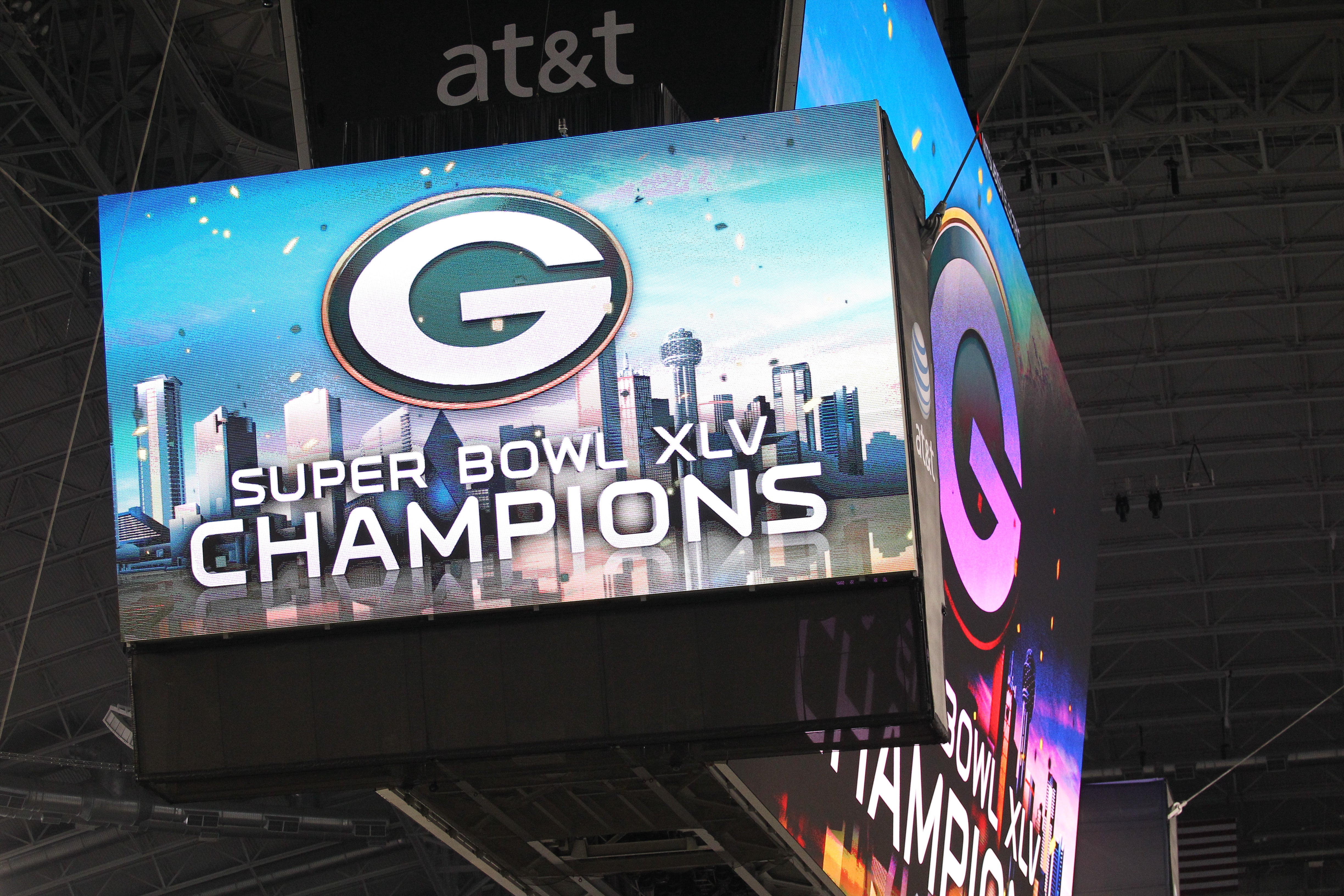 The scoreboard at Cowboys Stadium honors the Super Bowl XLV champion Green Bay Packers after they defeated the Pittsburgh Steelers.