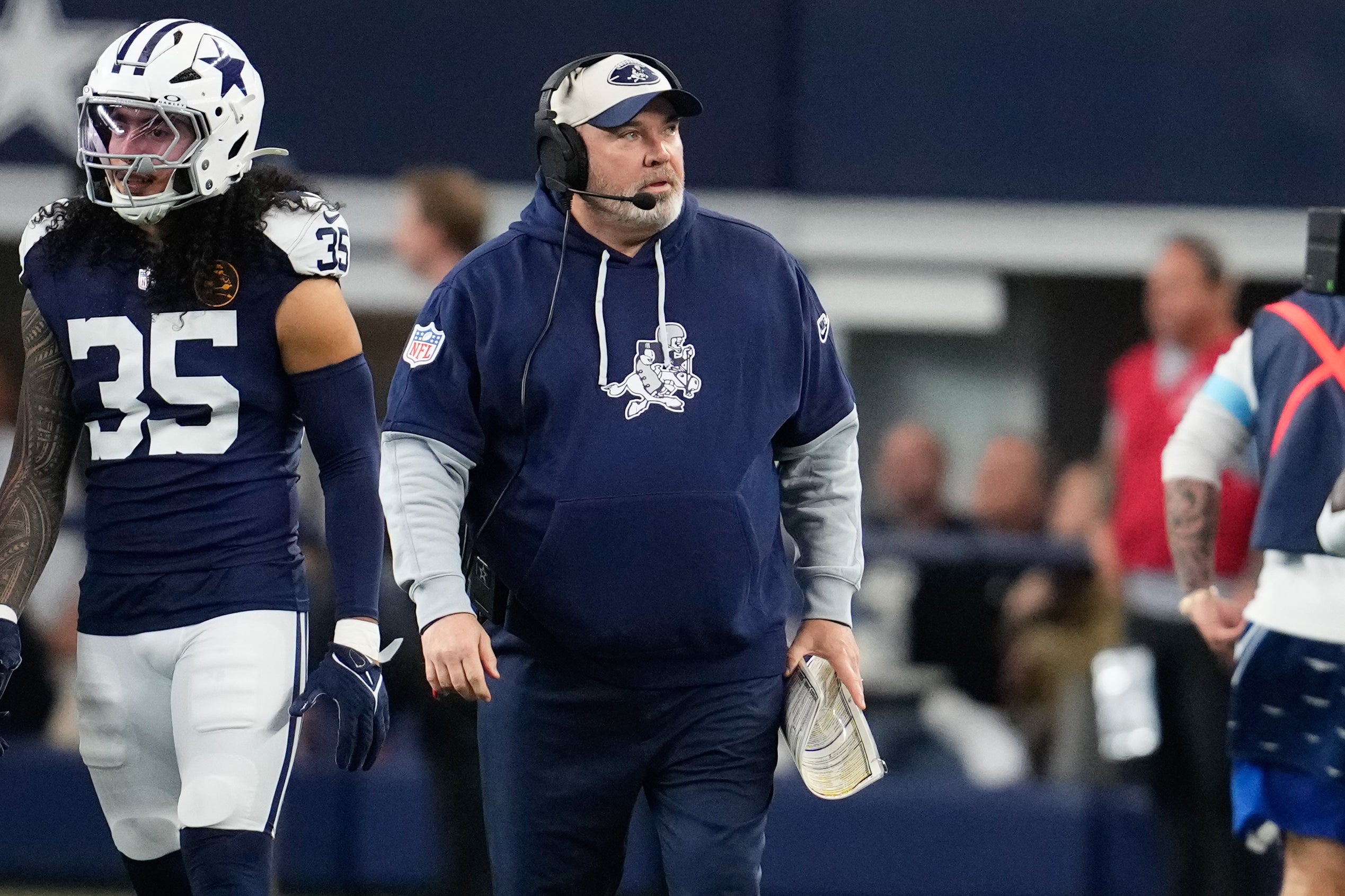 Dallas Cowboys head coach Mike McCarthy reacts during the first half against the New York Giants at AT&T Stadium.