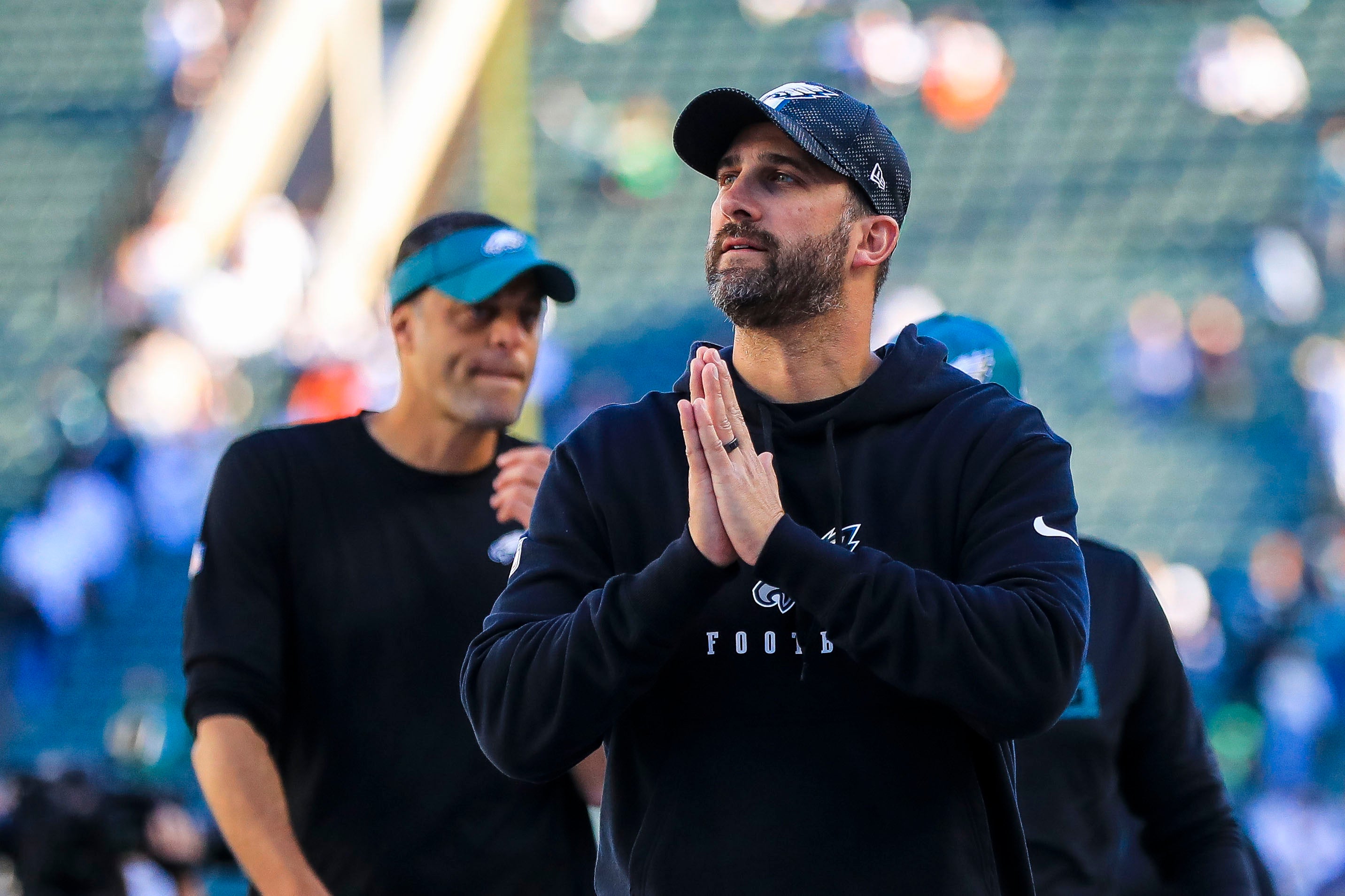 Philadelphia Eagles head coach Nick Sirianni walks off the field after the victory over the Cincinnati Bengals at Paycor Stadium.