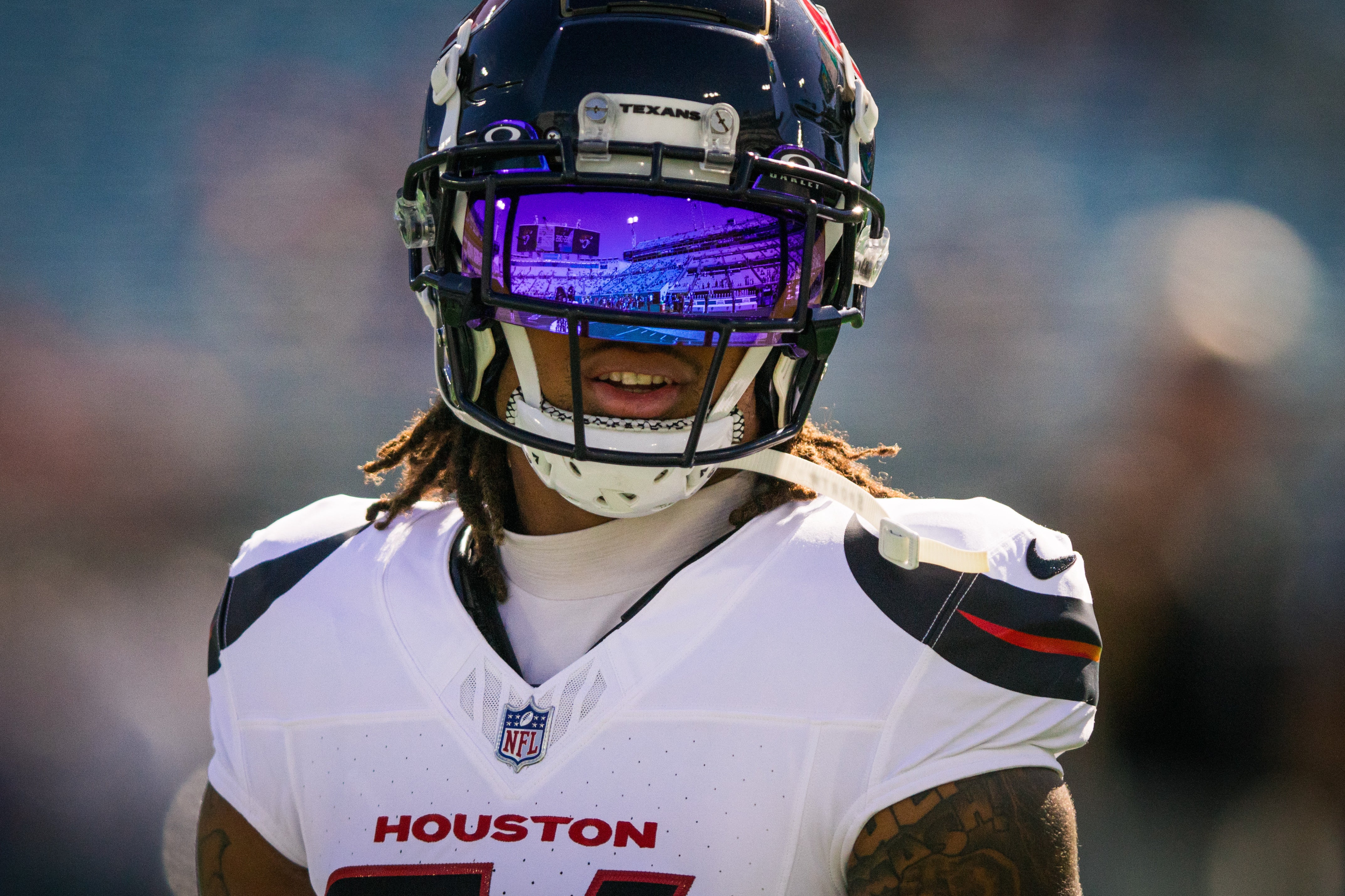 Dec 1, 2024; Jacksonville, Florida, USA; Houston Texans cornerback Derek Stingley Jr. (24) warms up before the game agains the Jacksonville Jaguars at EverBank Stadium.