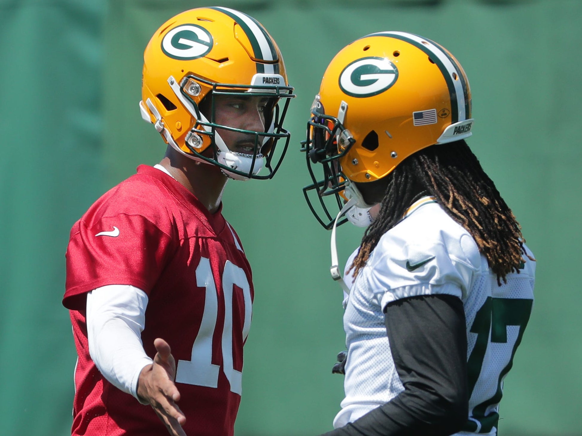 Green Bay Packers quarterback Jordan Love (10) and wide receiver Davante Adams (17) are shown during a mandatory minicamp Tuesday, June 8, 2021 in Green Bay, Wis.
