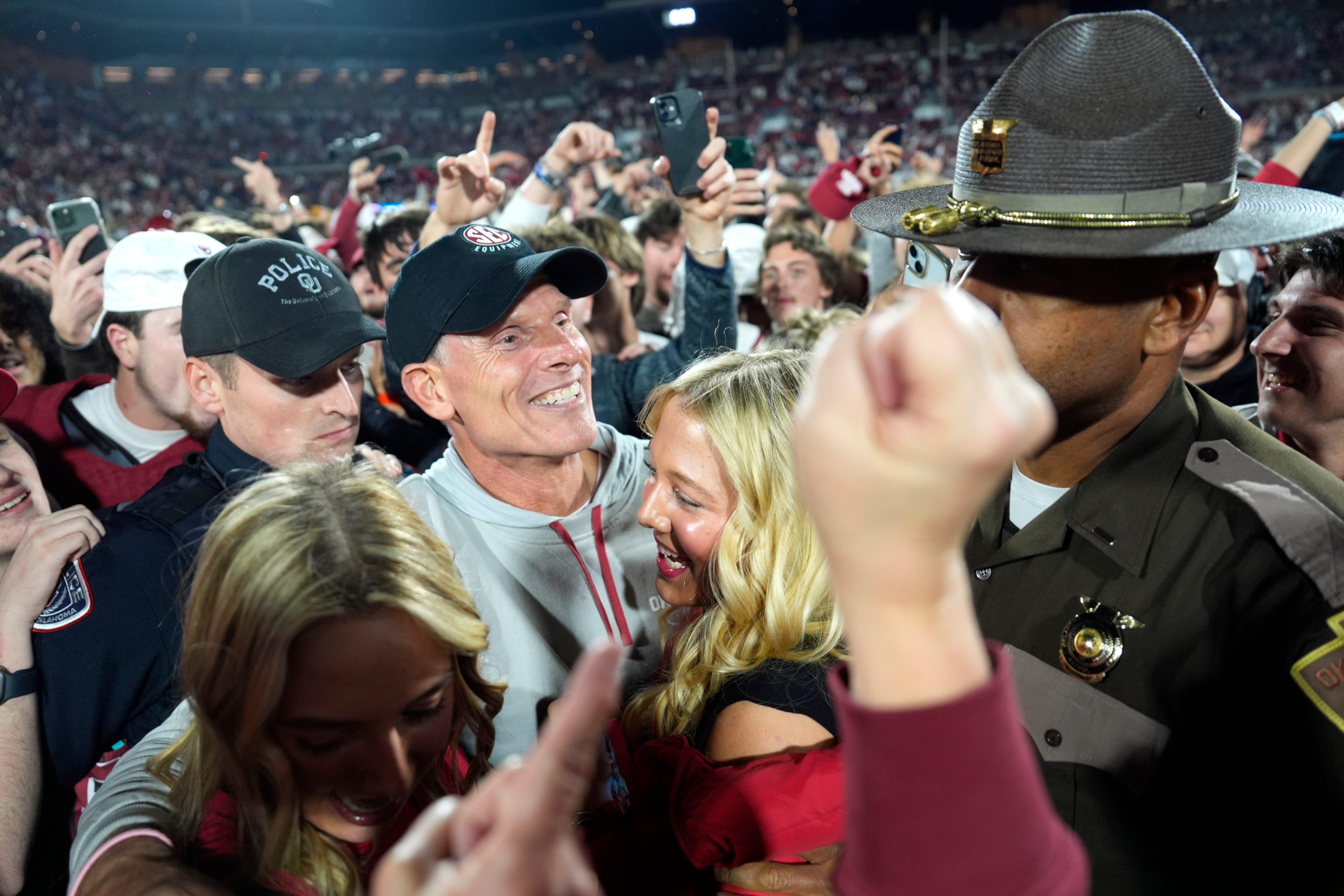 Oklahoma coach Brent Venables celebrates with fans after a college football game between the University of Oklahoma Sooners (OU) and the Alabama Crimson Tide at Gaylord Family - Oklahoma Memorial Stadium in Norman, Okla., Saturday, Nov. 23, 2024. Oklahoma won 24-3.