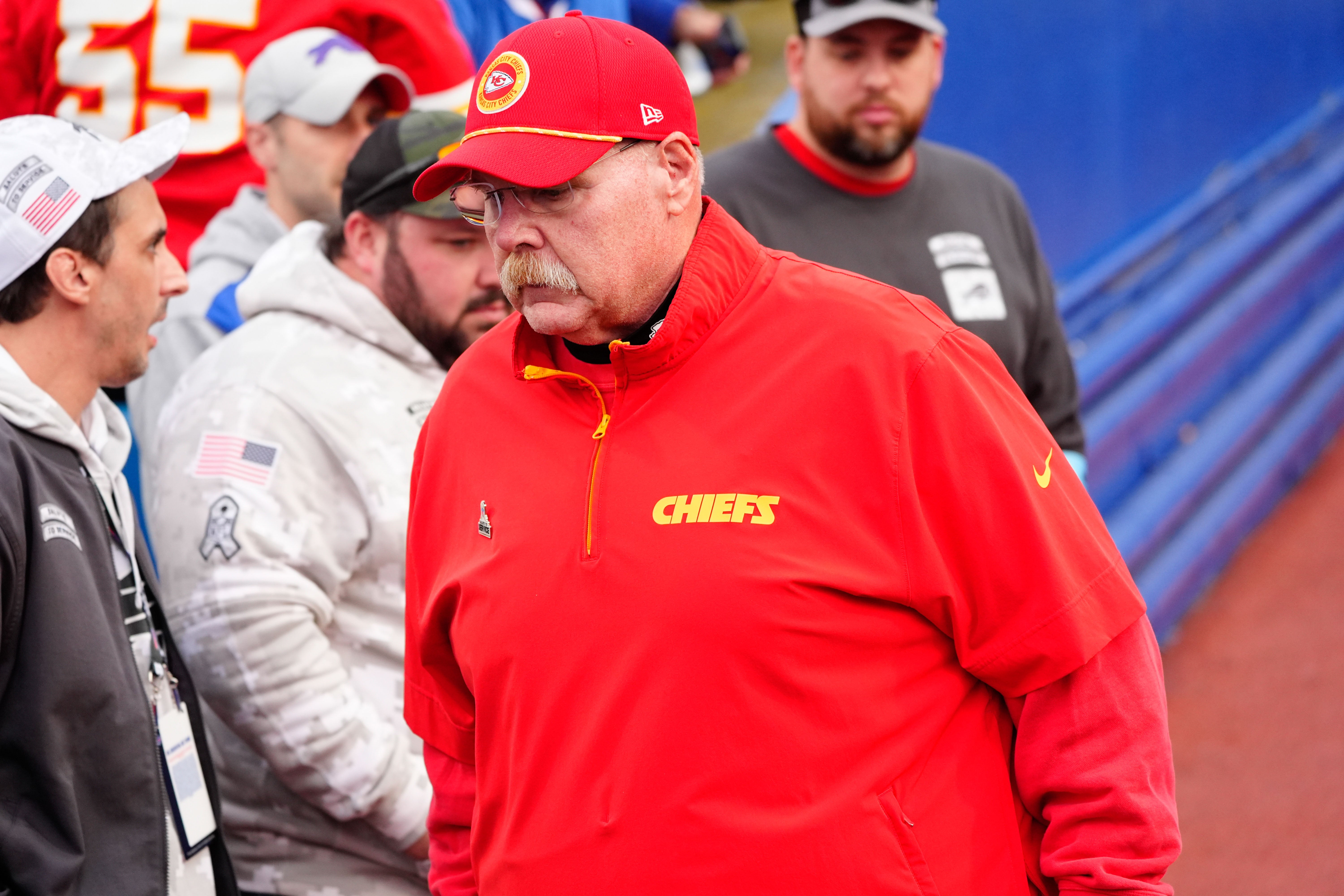 Nov 17, 2024; Orchard Park, New York, USA; Kansas City Chiefs head coach Andy Reid walks onto the field prior to the game against the Buffalo Bills at Highmark Stadium.