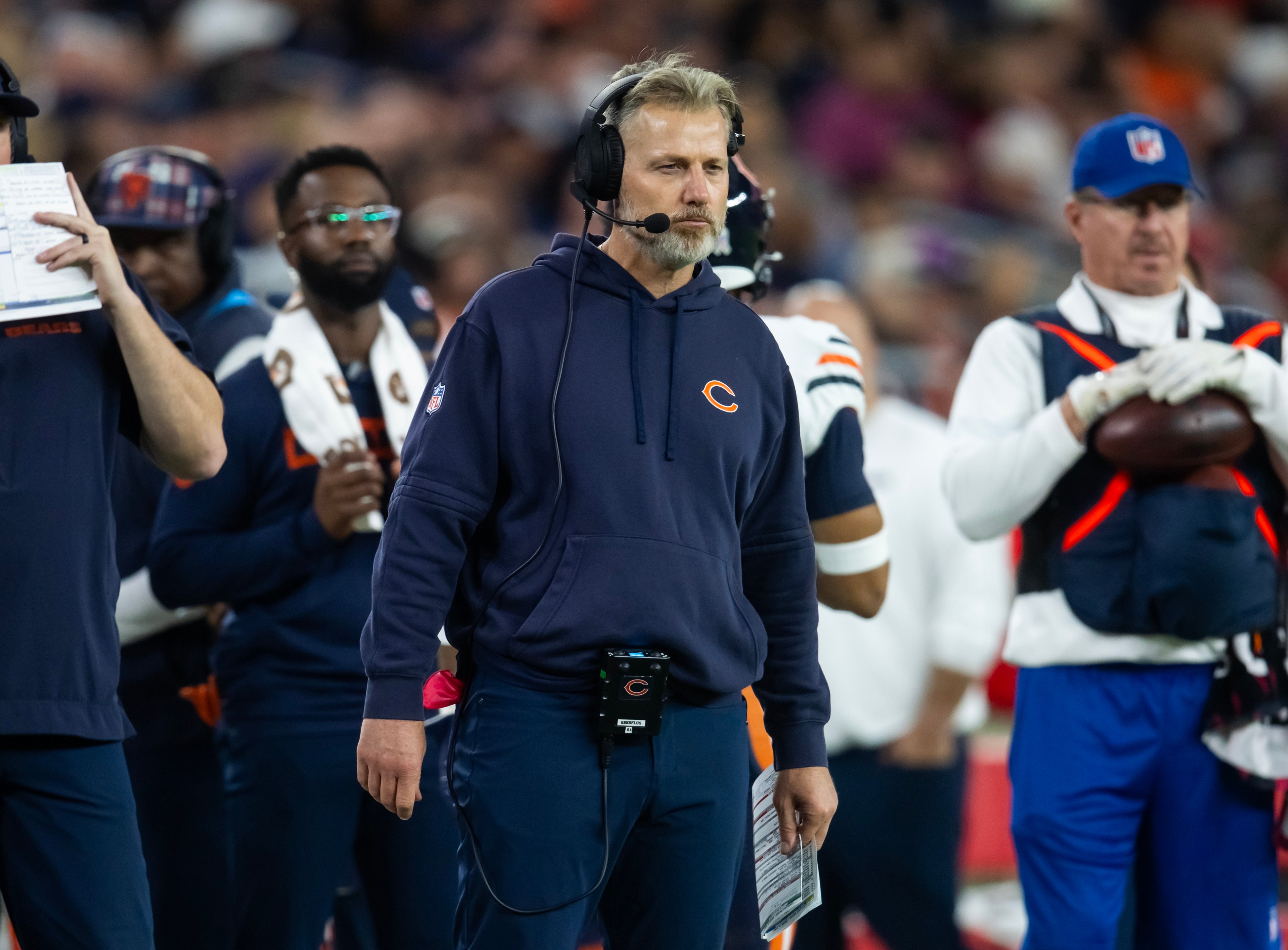 Nov 3, 2024; Glendale, Arizona, USA; Chicago Bears head coach head coach Matt Eberflus against the Arizona Cardinals at State Farm Stadium.