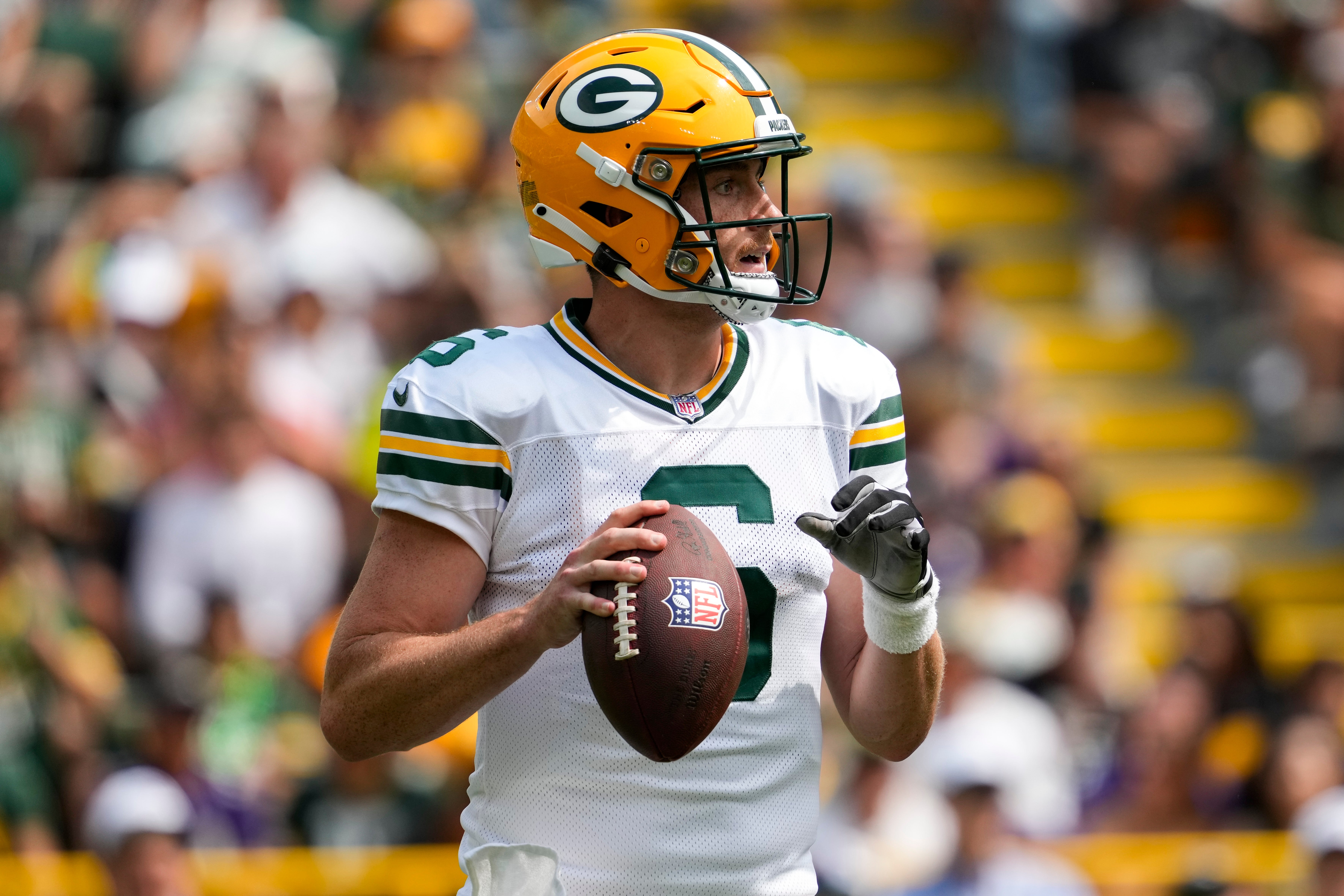 Green Bay Packers quarterback Sean Clifford (6) during the game against the Baltimore Ravens at Lambeau Field.