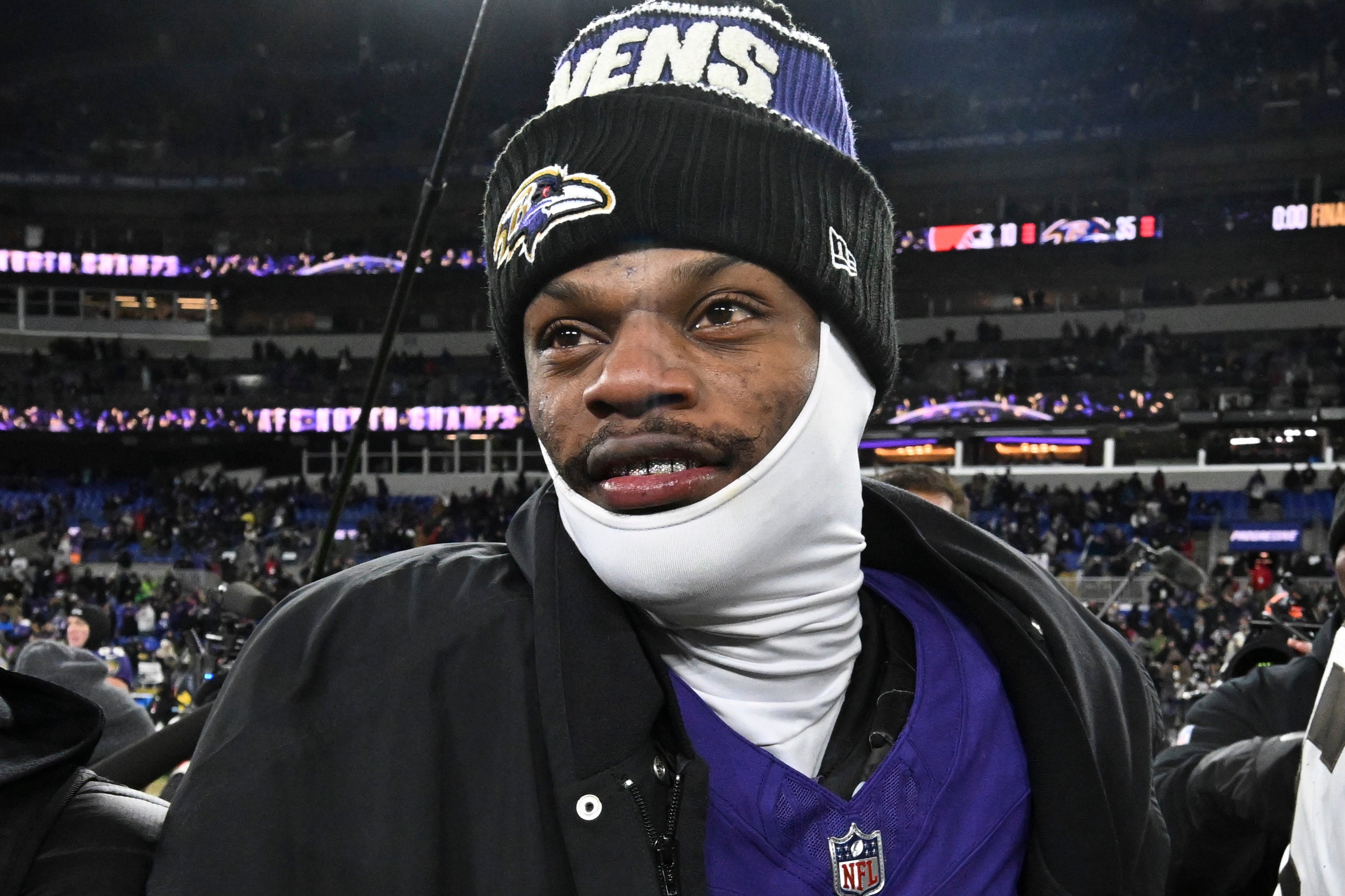 Jan 4, 2025; Baltimore, Maryland, USA; Baltimore Ravens quarterback Lamar Jackson (8) on the field after the game against the Cleveland Browns at M&T Bank Stadium.