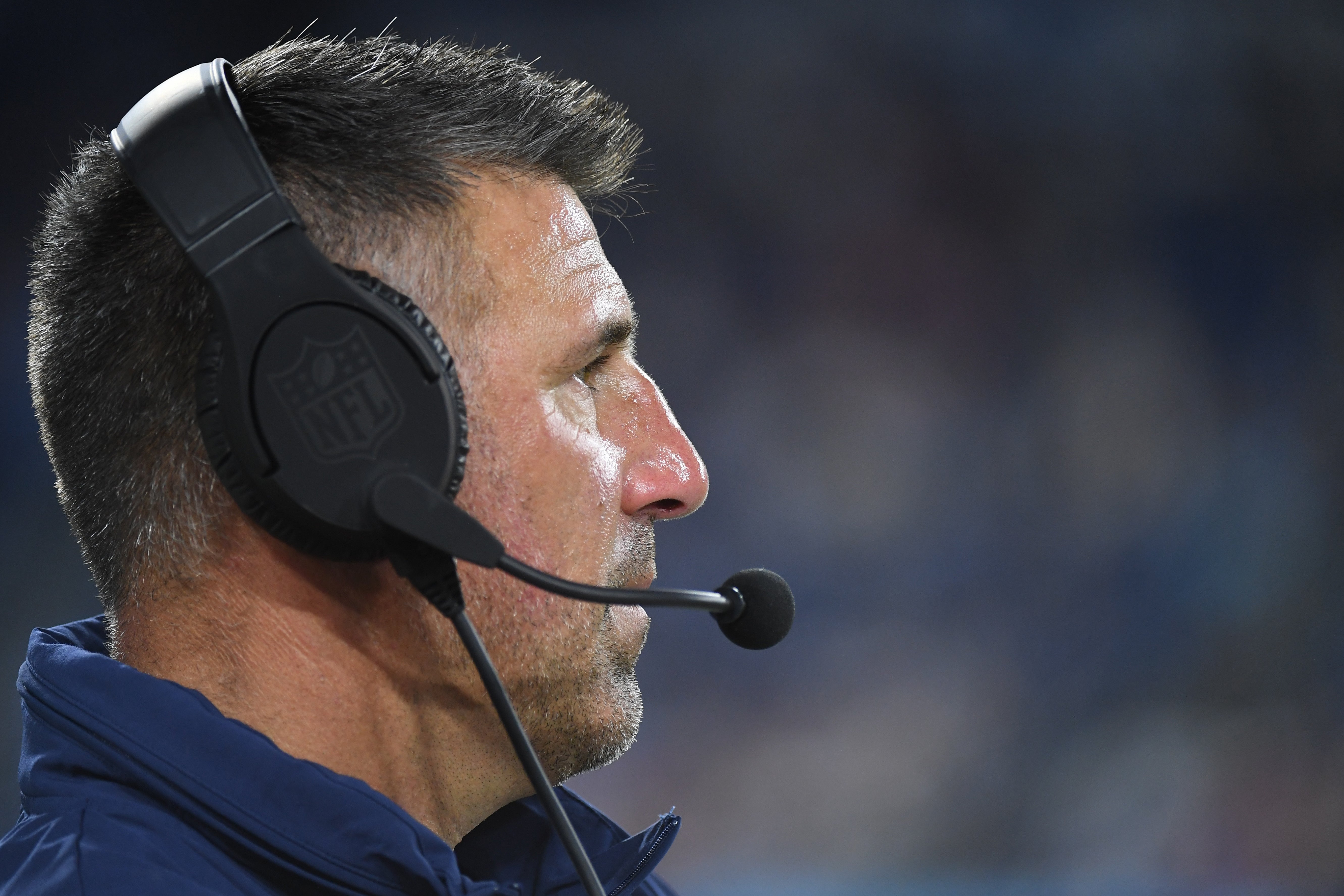 Aug 25, 2023; Nashville, Tennessee, USA; Tennessee Titans head coach Mike Vrabel looks on from the sideline during the second half against the New England Patriots at Nissan Stadium.