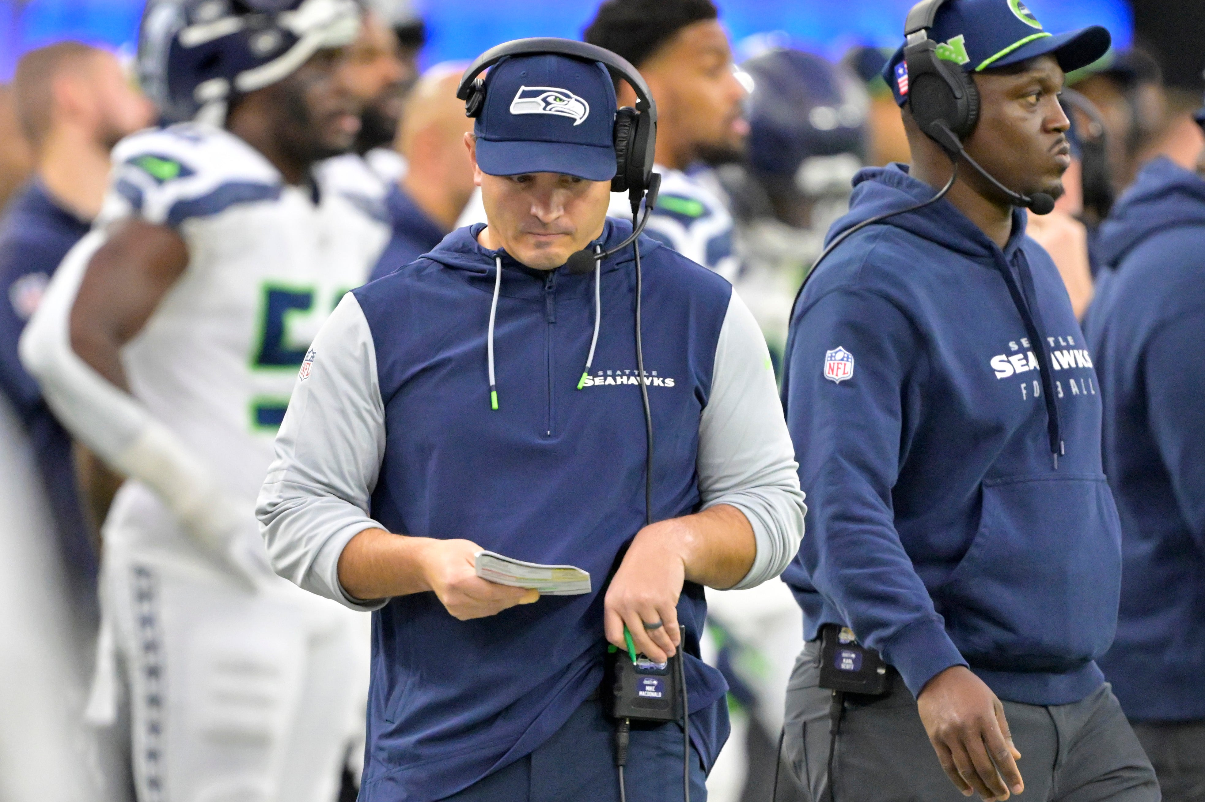 Jan 5, 2025; Inglewood, California, USA; Los Angeles Rams head coach Mike Macdonald on the sidelines in the fourth quarter of the game against the Los Angeles Rams at SoFi Stadium.