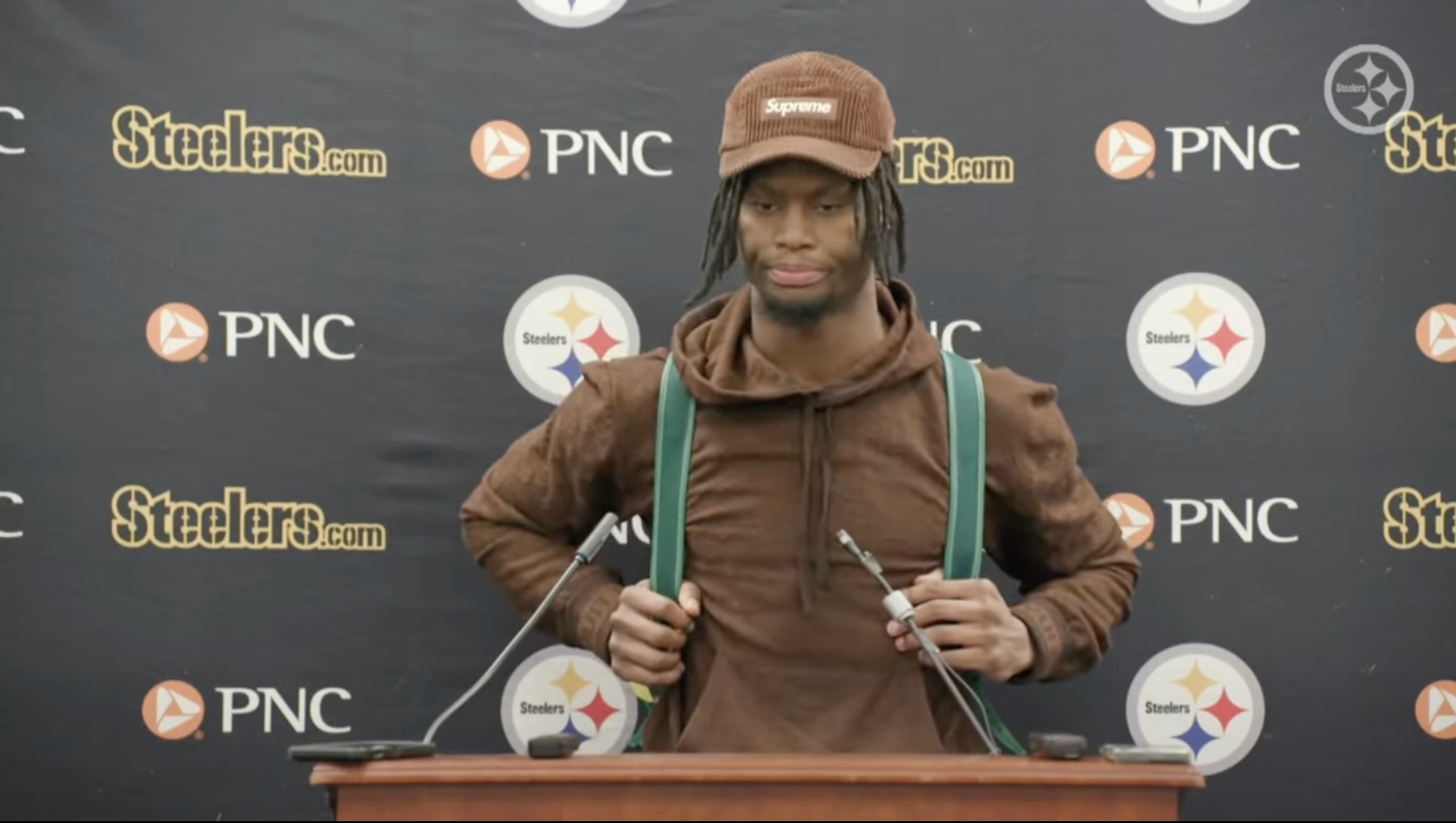 Pittsburgh Steelers WR George Pickens addresses the media following the 28-14 loss against Baltimore Ravens in the Wildcard Round of the 2024-2025 NFL Playoffs, 1/11/25