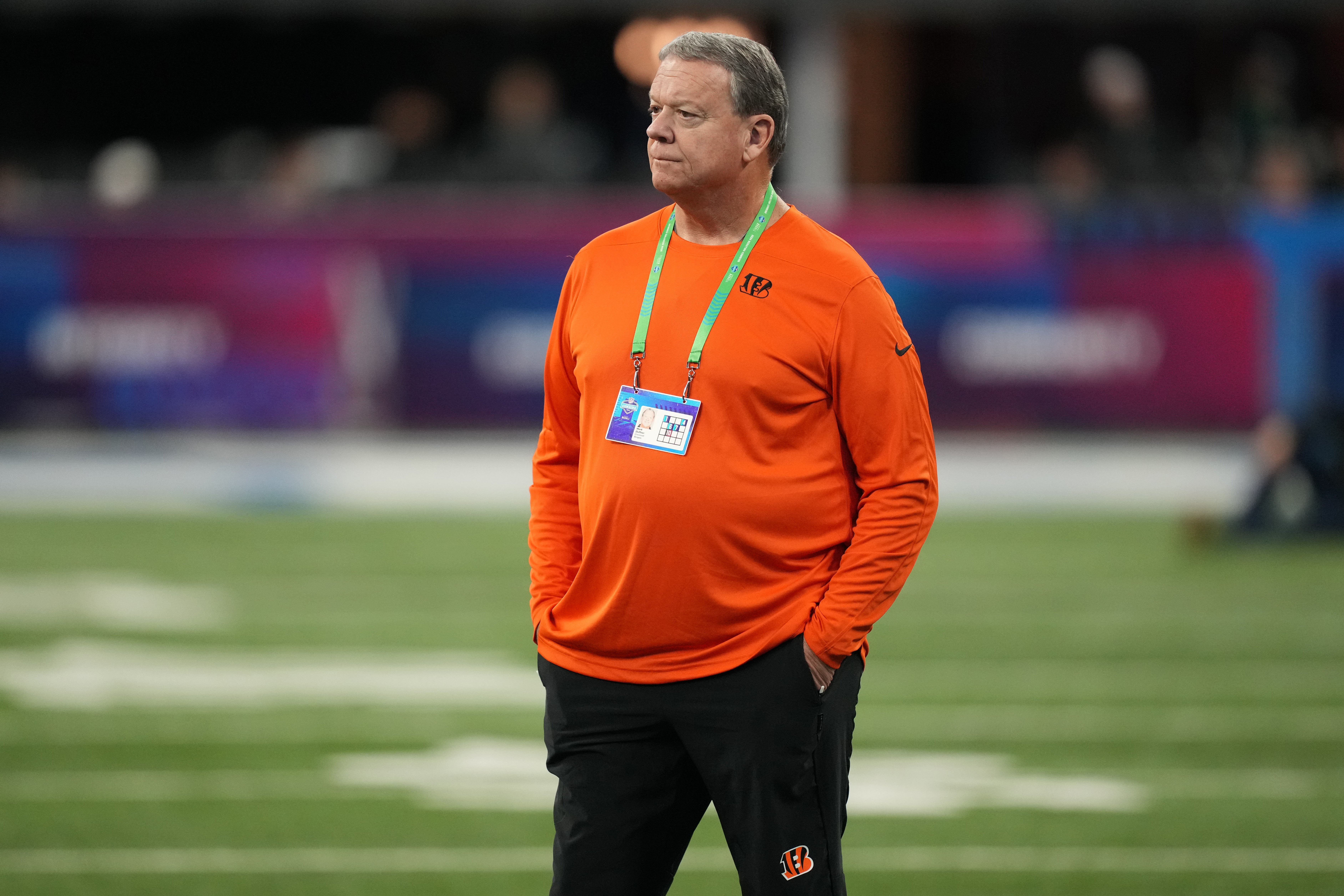 Feb 29, 2024; Indianapolis, IN, USA; Cincinnati Bengals assistant coach Mark Duffner looks on during the 2024 NFL Combine at Lucas Oil Stadium.