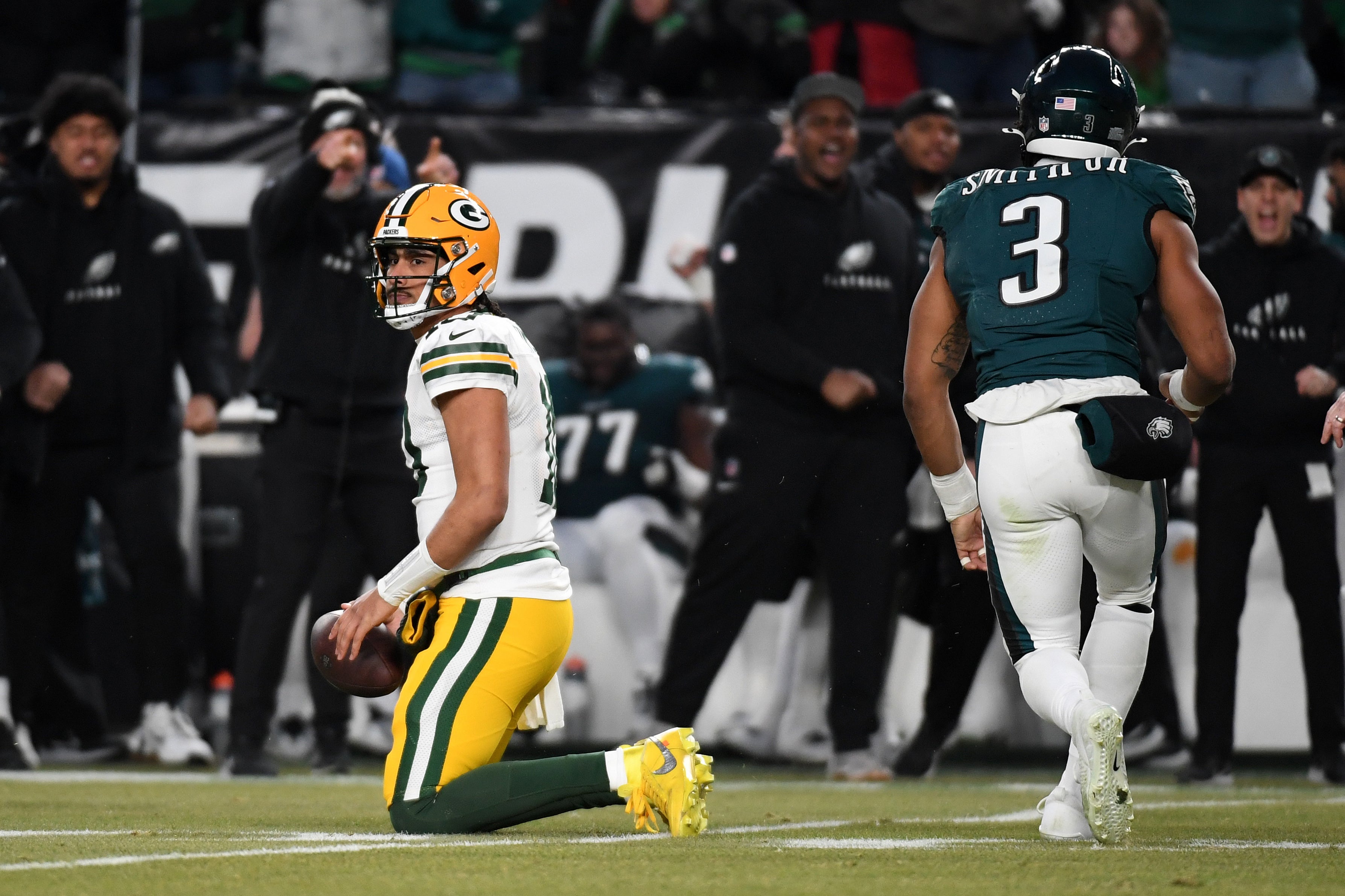 Green Bay Packers quarterback Jordan Love (10) reacts against the Philadelphia Eagles during the first half in an NFC wild card game at Lincoln Financial Field.