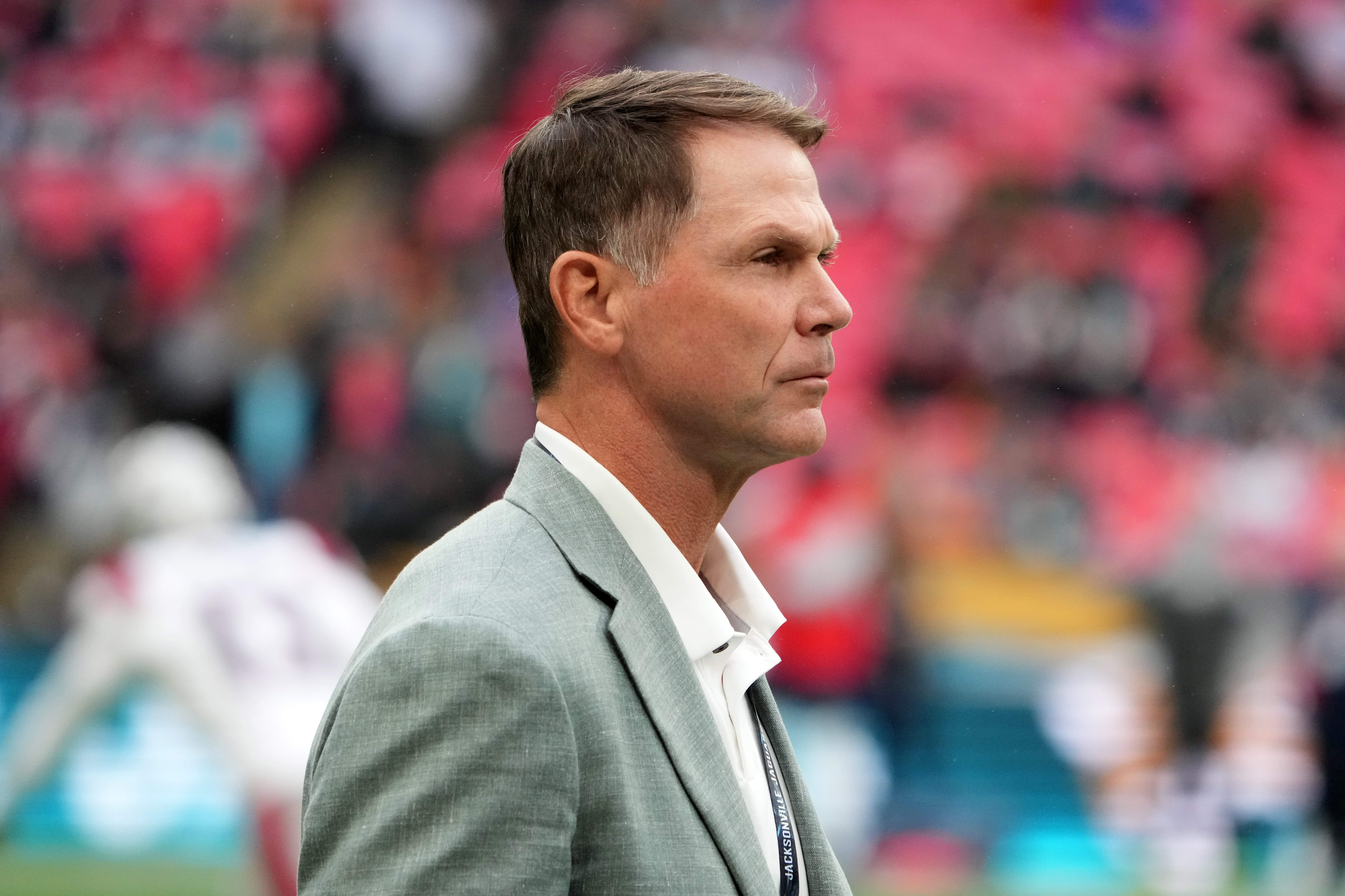 Oct 20, 2024; London, United Kingdom; Jacksonville Jaguars general manager Trent Baalke reacts during an NFL International Series game against the New England Patriots at Wembley Stadium.