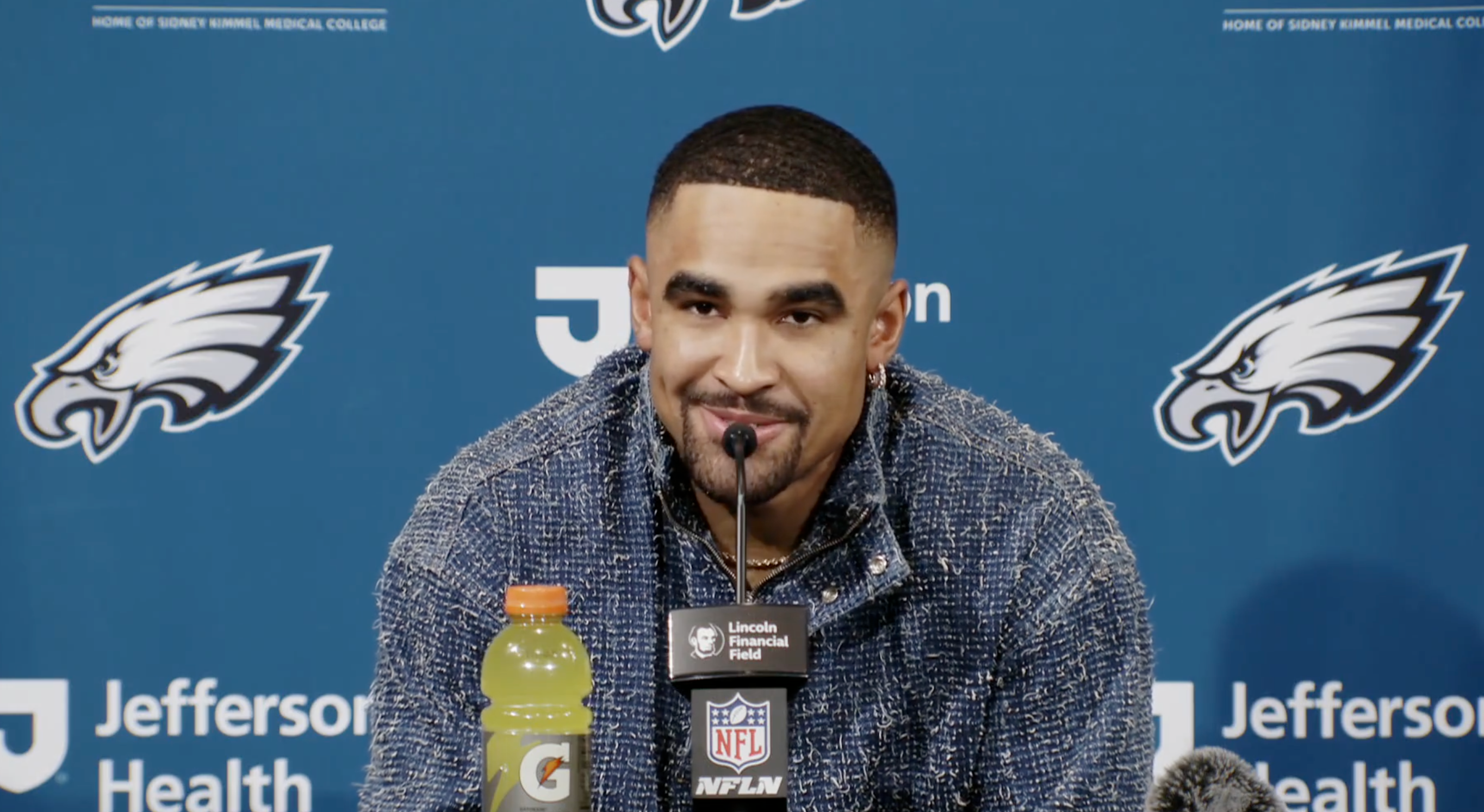 Philadelphia Eagles quarterback Jalen Hurts speaks to media following wild card win over Green Bay Packers
