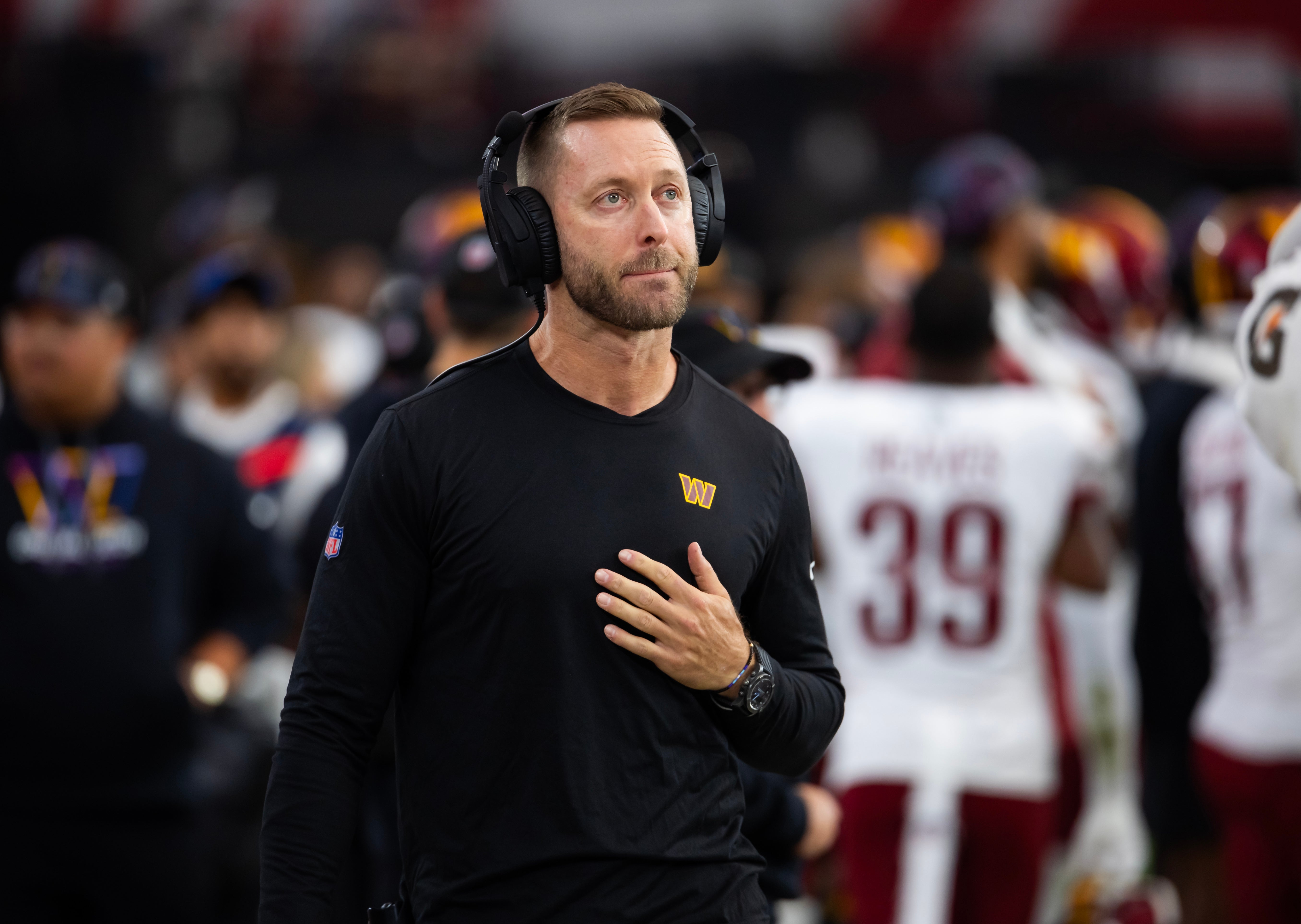 Sep 29, 2024; Glendale, Arizona, USA; Washington Commanders offensive coordinator Kliff Kingsbury against the Arizona Cardinals at State Farm Stadium.