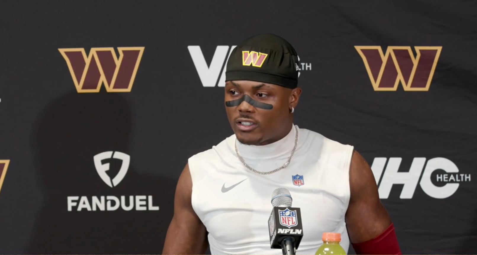 Washington Commanders WR Terry McLaurin talks to reporters following playoff win over Tampa Bay Buccaneers.