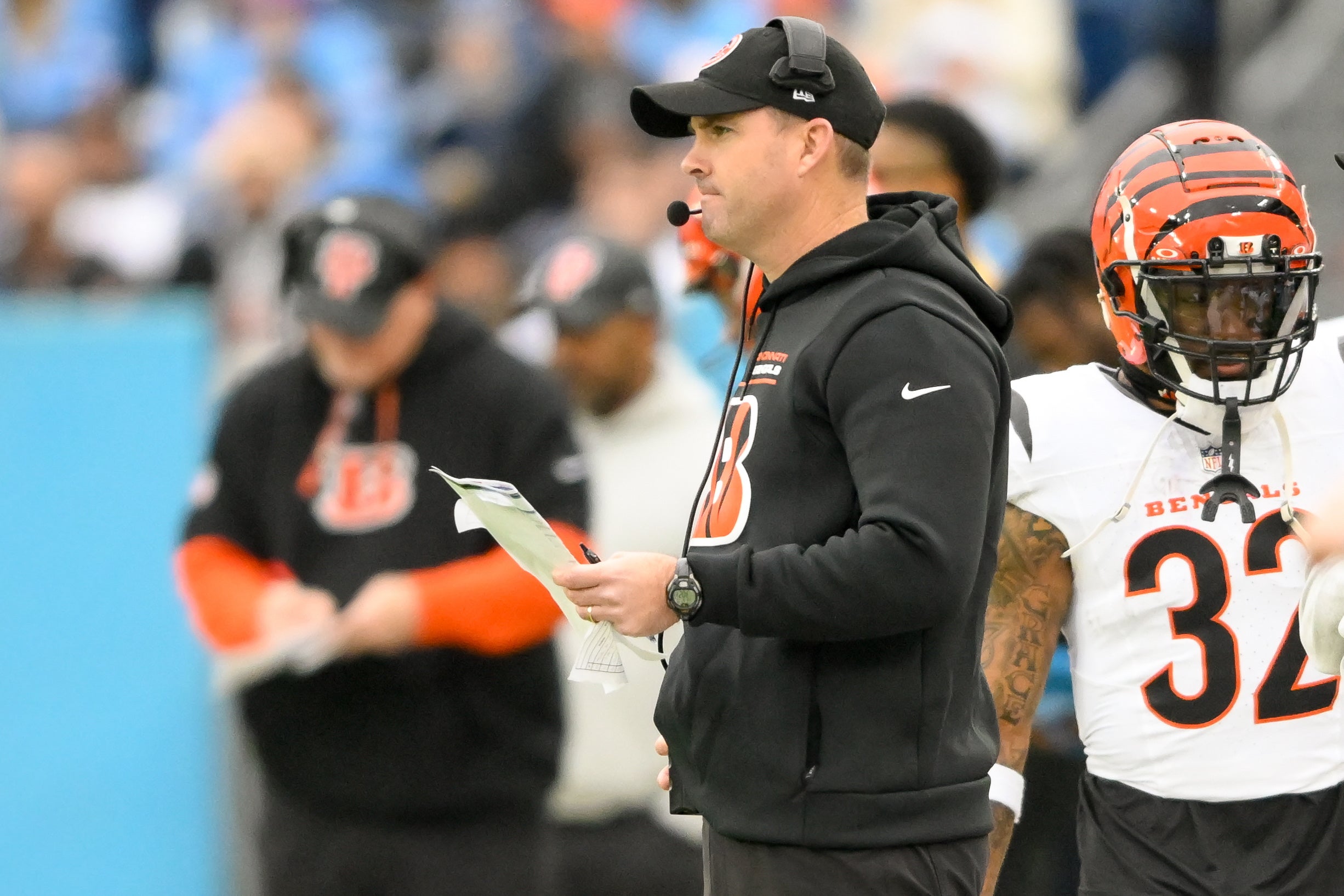 Dec 15, 2024; Nashville, Tennessee, USA; Cincinnati Bengals head coach Zac Taylor watches his team against the Tennessee Titans during the first half at Nissan Stadium.