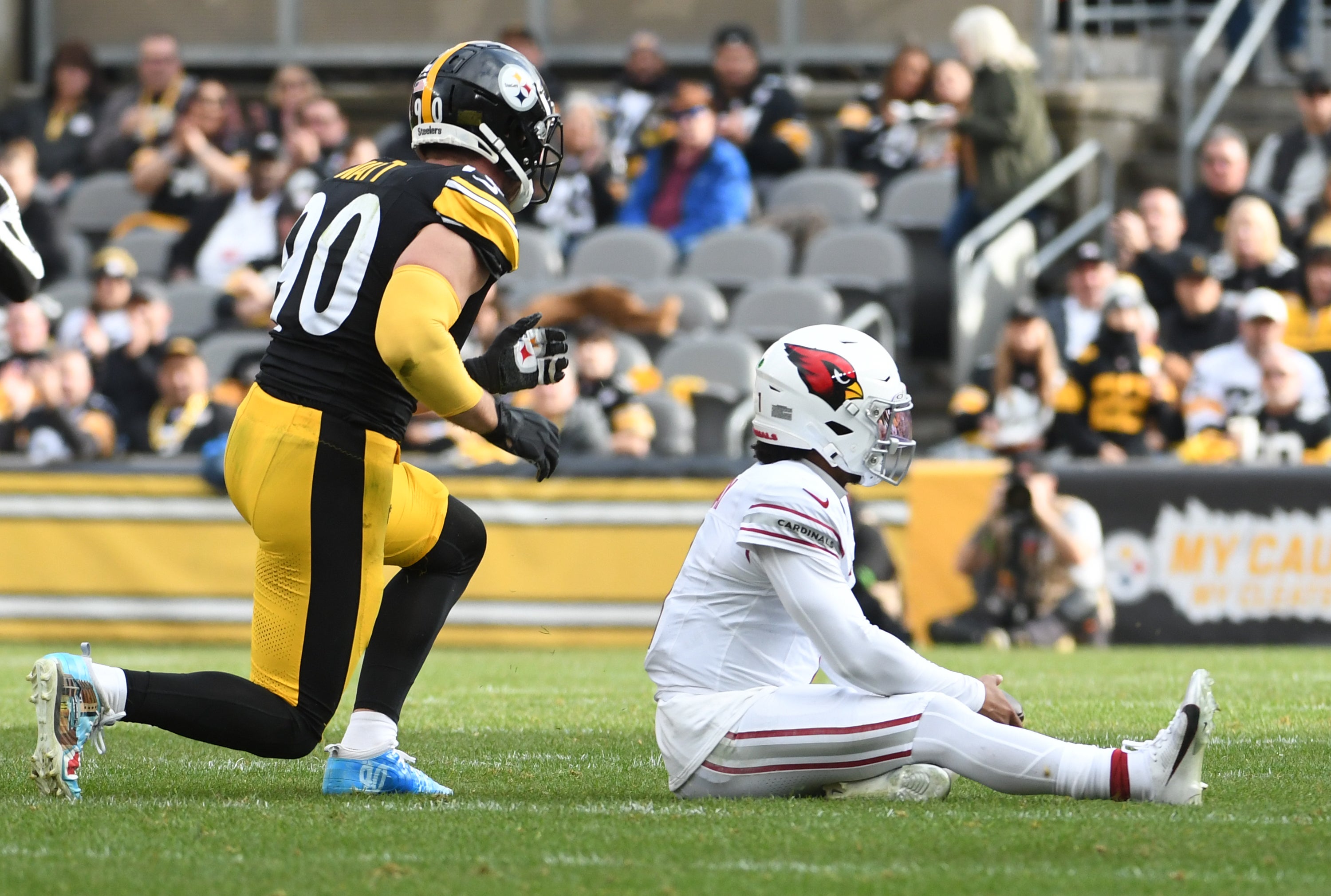 Dec 3, 2023; Pittsburgh, Pennsylvania, USA; Pittsburgh Steelers linebacker T.J. Watt (90) celebrates a tackle of Arizona Cardinals quarterback Kyler Murray (1) during the second quarter at Acrisure Stadium.