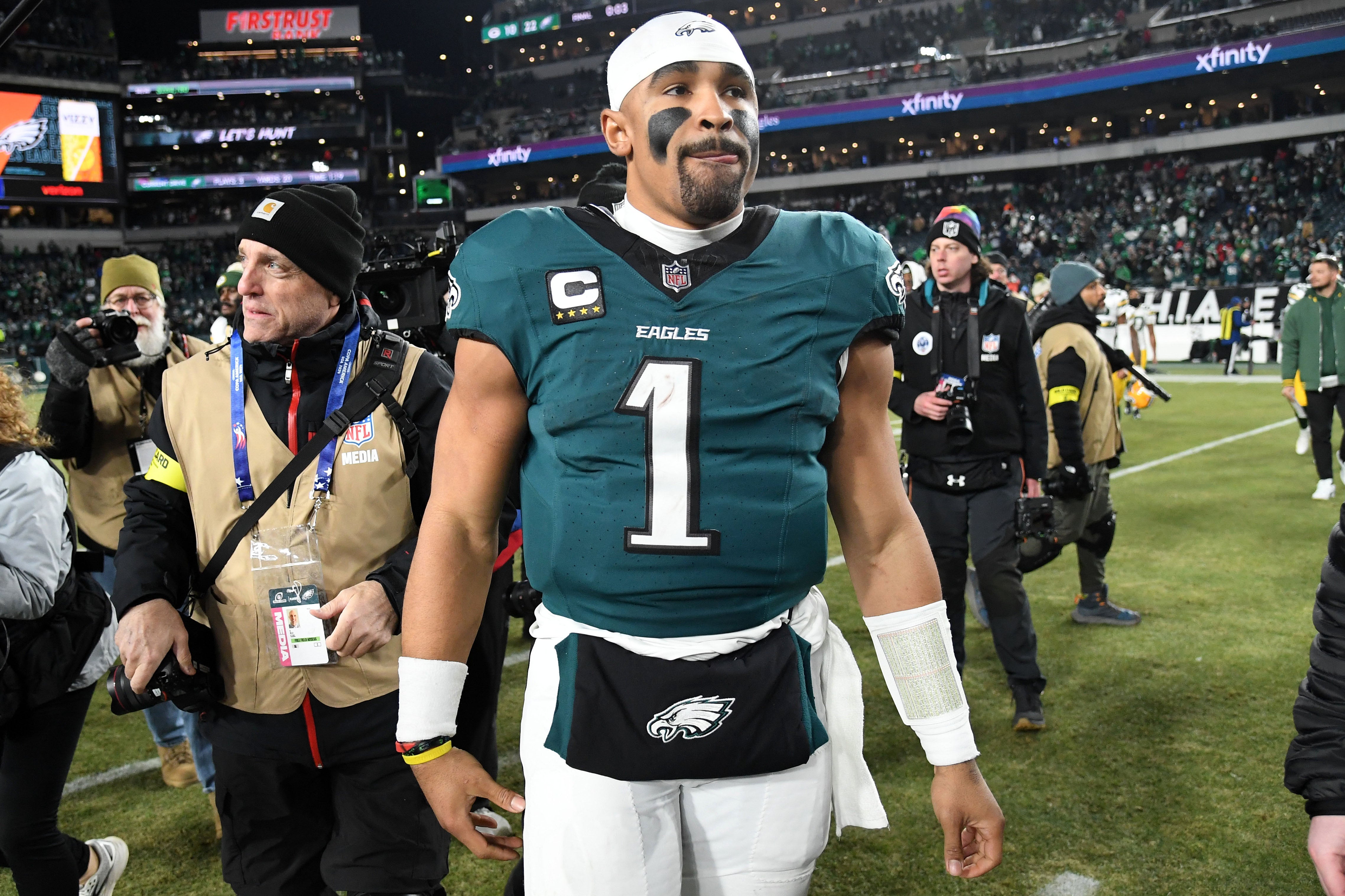 Jan 12, 2025; Philadelphia, Pennsylvania, USA; Philadelphia Eagles quarterback Jalen Hurts (1) reacts after the game against the Green Bay Packers in an NFC wild card game at Lincoln Financial Field.