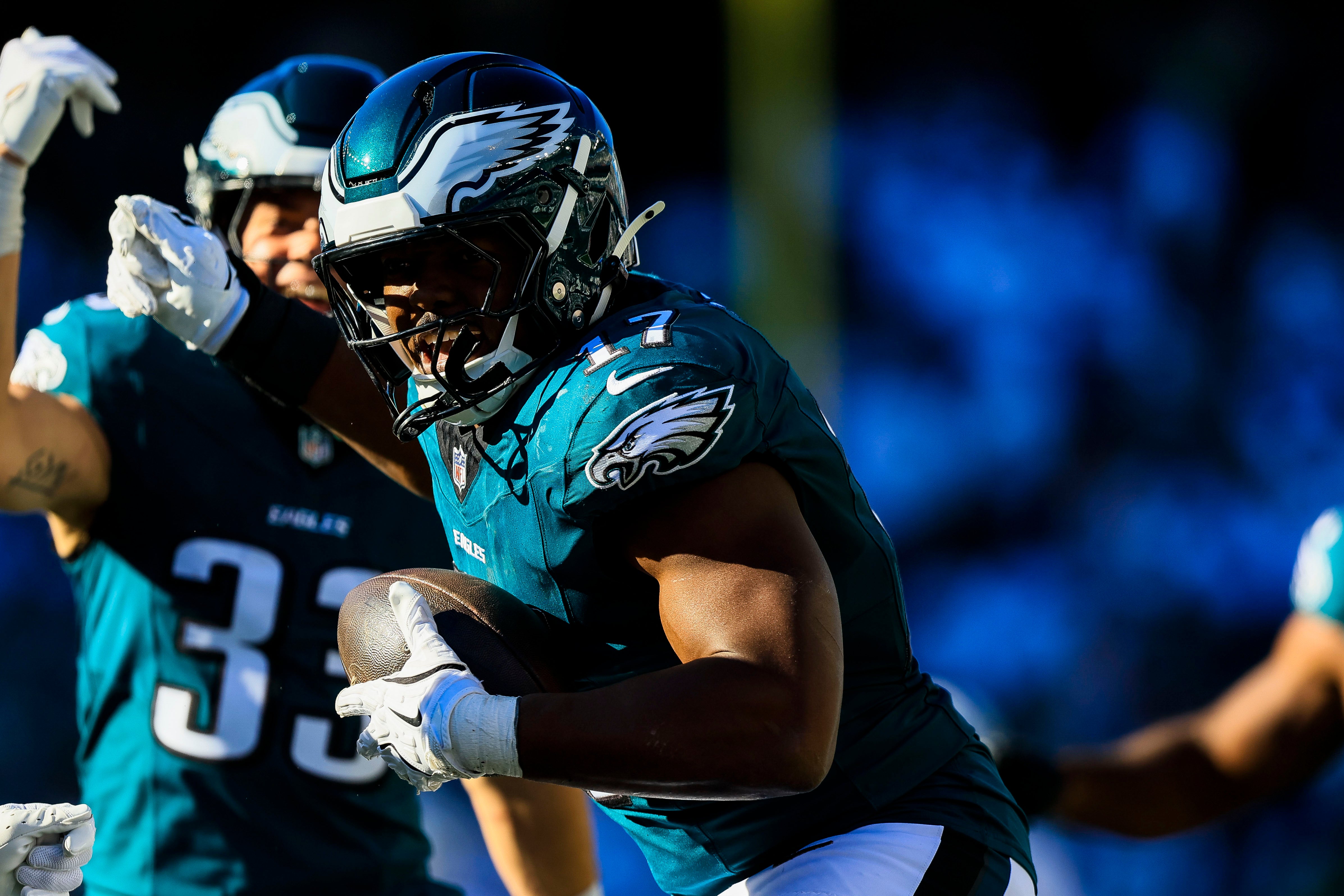 Philadelphia Eagles linebacker Nakobe Dean (17) reacts after a turnover by the Cincinnati Bengals in the second half at Paycor Stadium.