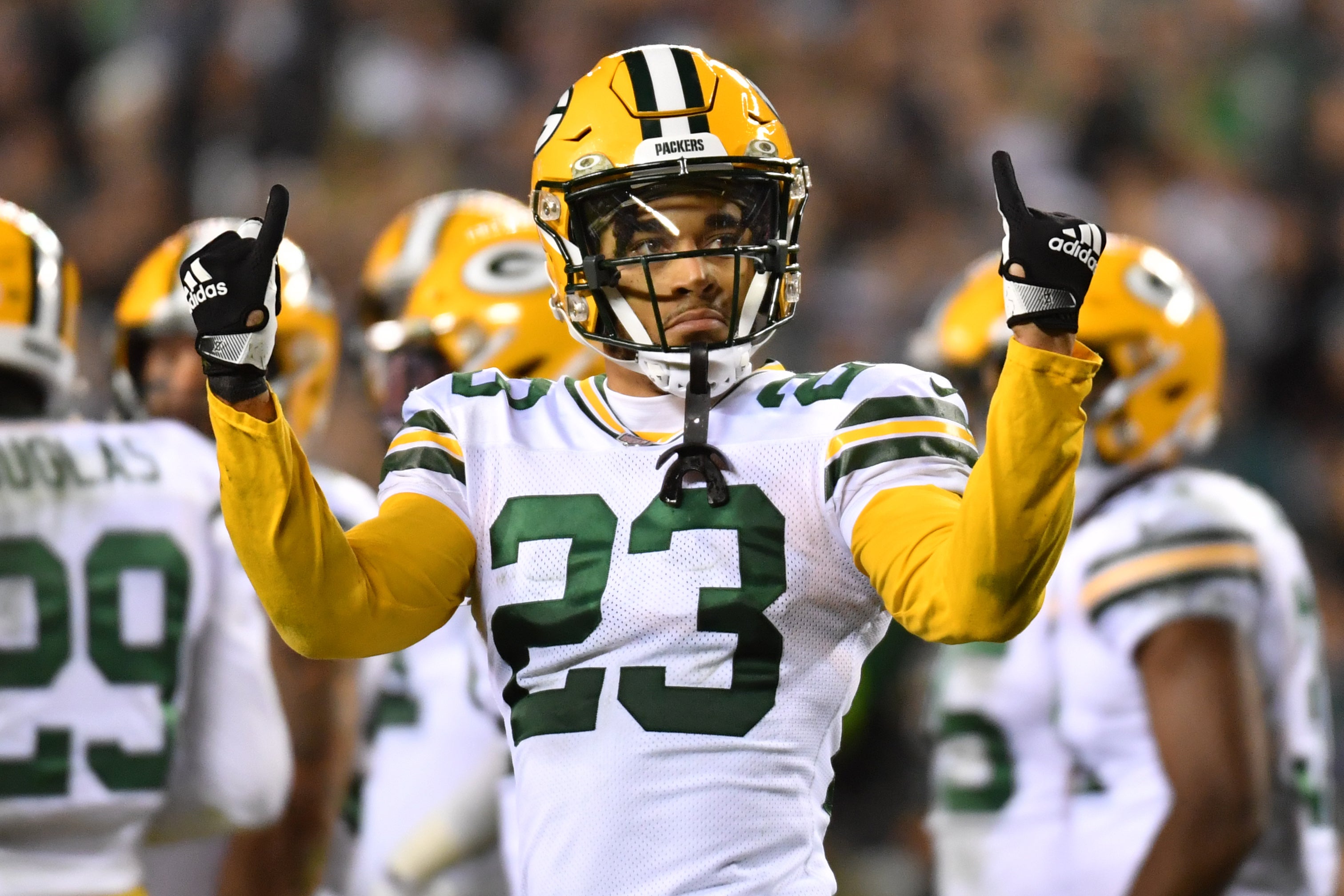 Green Bay Packers cornerback Jaire Alexander (23) acknkowledges the crowd against the Philadelphia Eagles during the fourth quarter at Lincoln Financial Field.