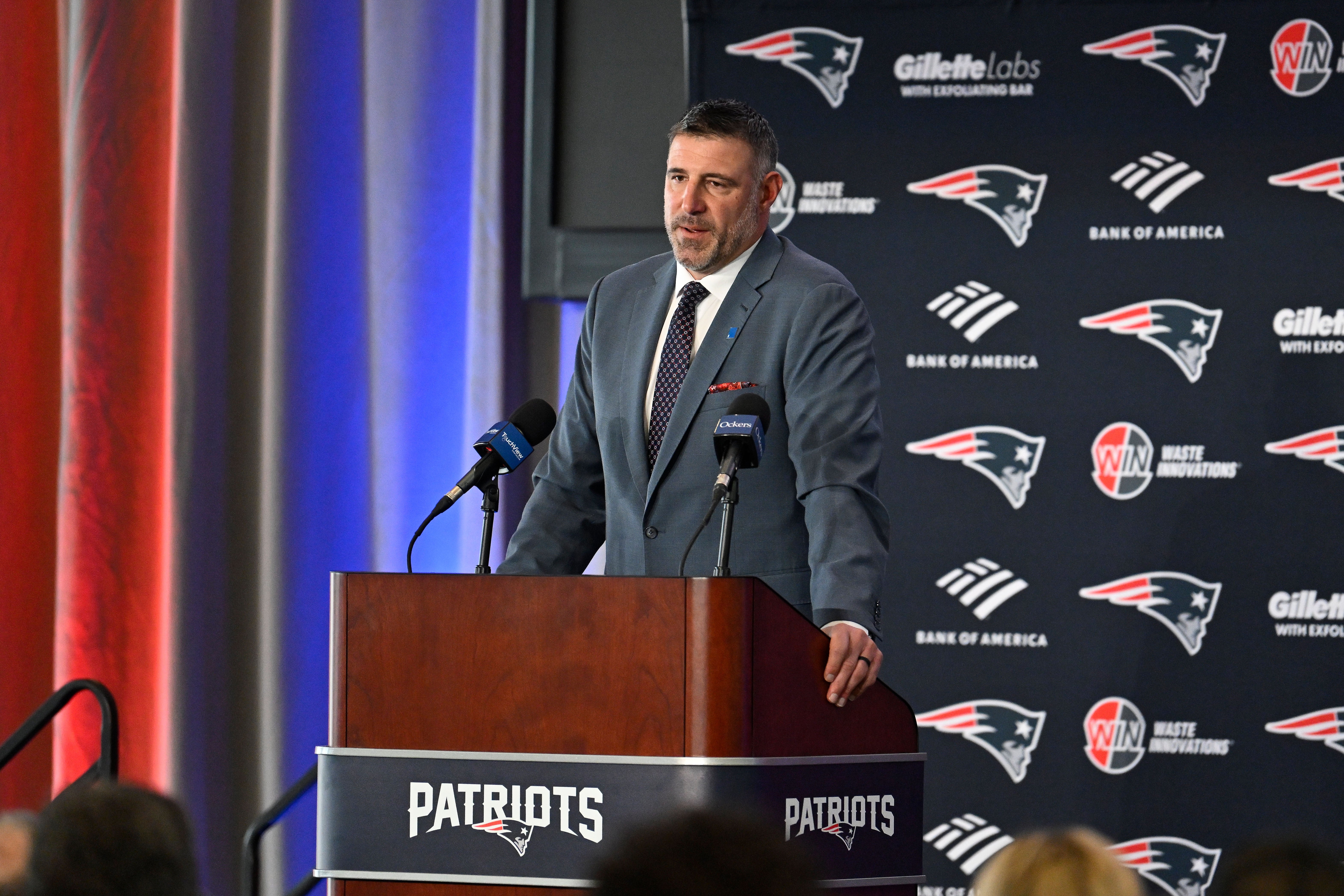 Jan 13, 2025; Foxborough, MA, USA; Mike Vrabel addresses media at a press conference to announce his hiring as the head coach of the New England Patriots at Gillette Stadium.
