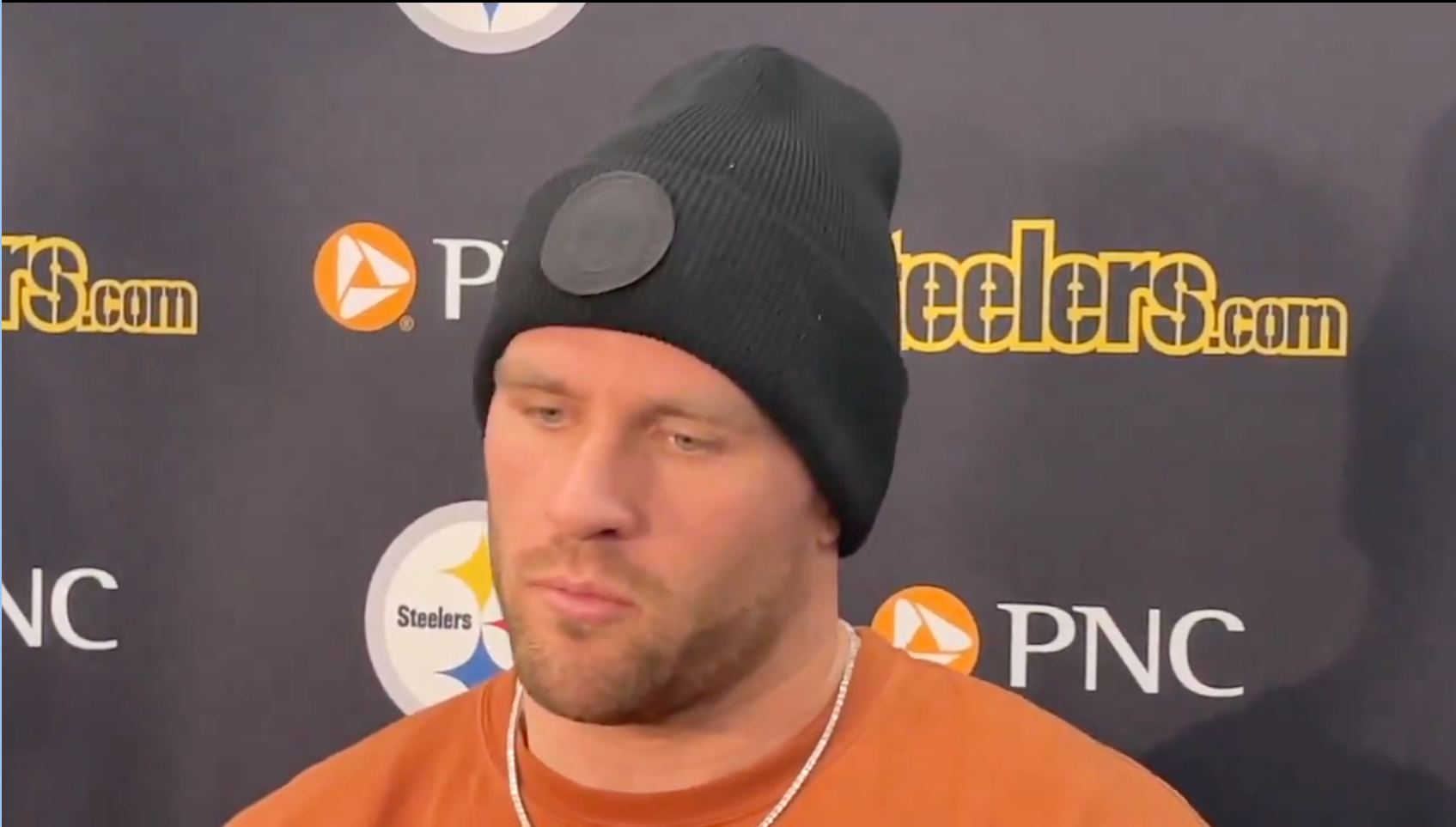 Pittsburgh Steelers pass rusher T.J. Watt addresses the media at end-of-year media session, 1/13/25