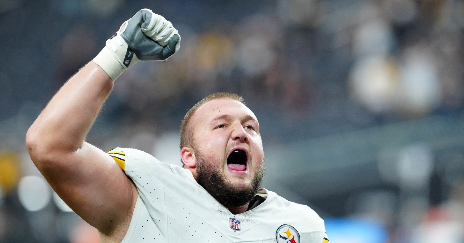Oct 13, 2024; Paradise, Nevada, USA; Pittsburgh Steelers guard Mason McCormick (66) celebrates after the Steelers defeated the Las Vegas Raiders 32-13 at Allegiant Stadium.