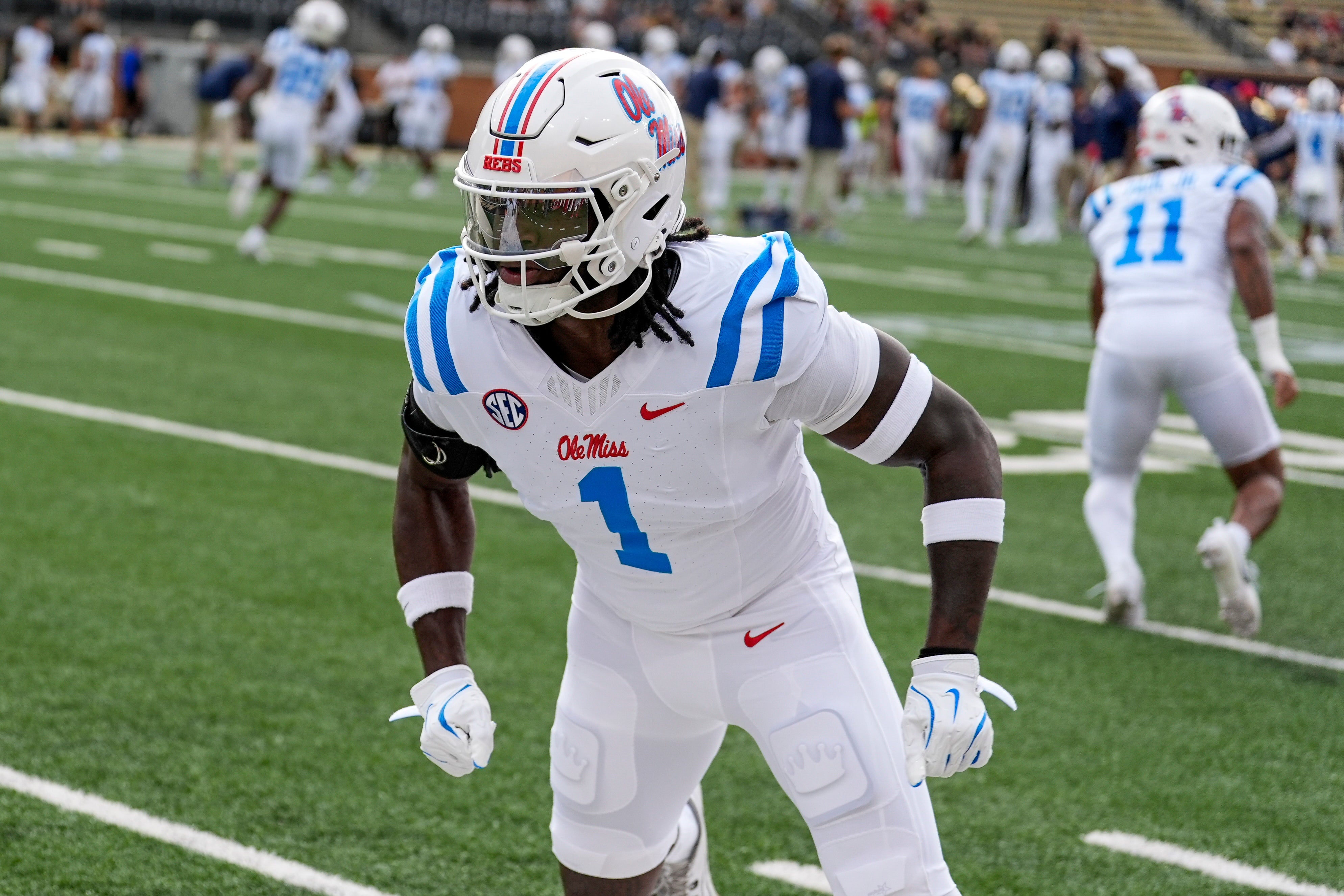 Sep 14, 2024; Winston-Salem, North Carolina, USA; Mississippi Rebels defensive end Princely Umanmielen (1) during pregame activity against the Wake Forest Demon Deacons at Allegacy Federal Credit Union Stadium.