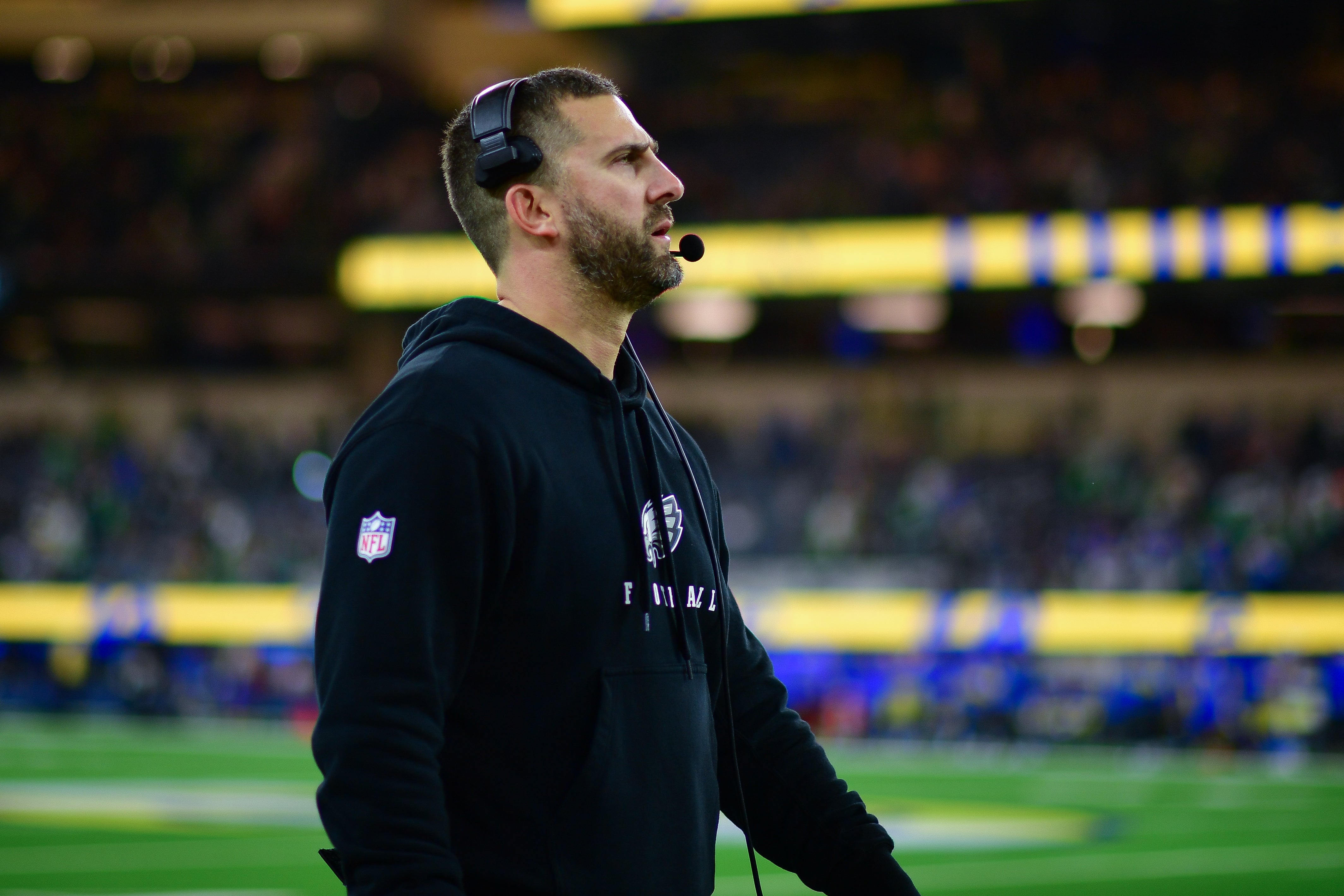 Philadelphia Eagles head coach head coach Nick Sirianni watches game action against the Los Angeles Rams during the second half at SoFi Stadium.