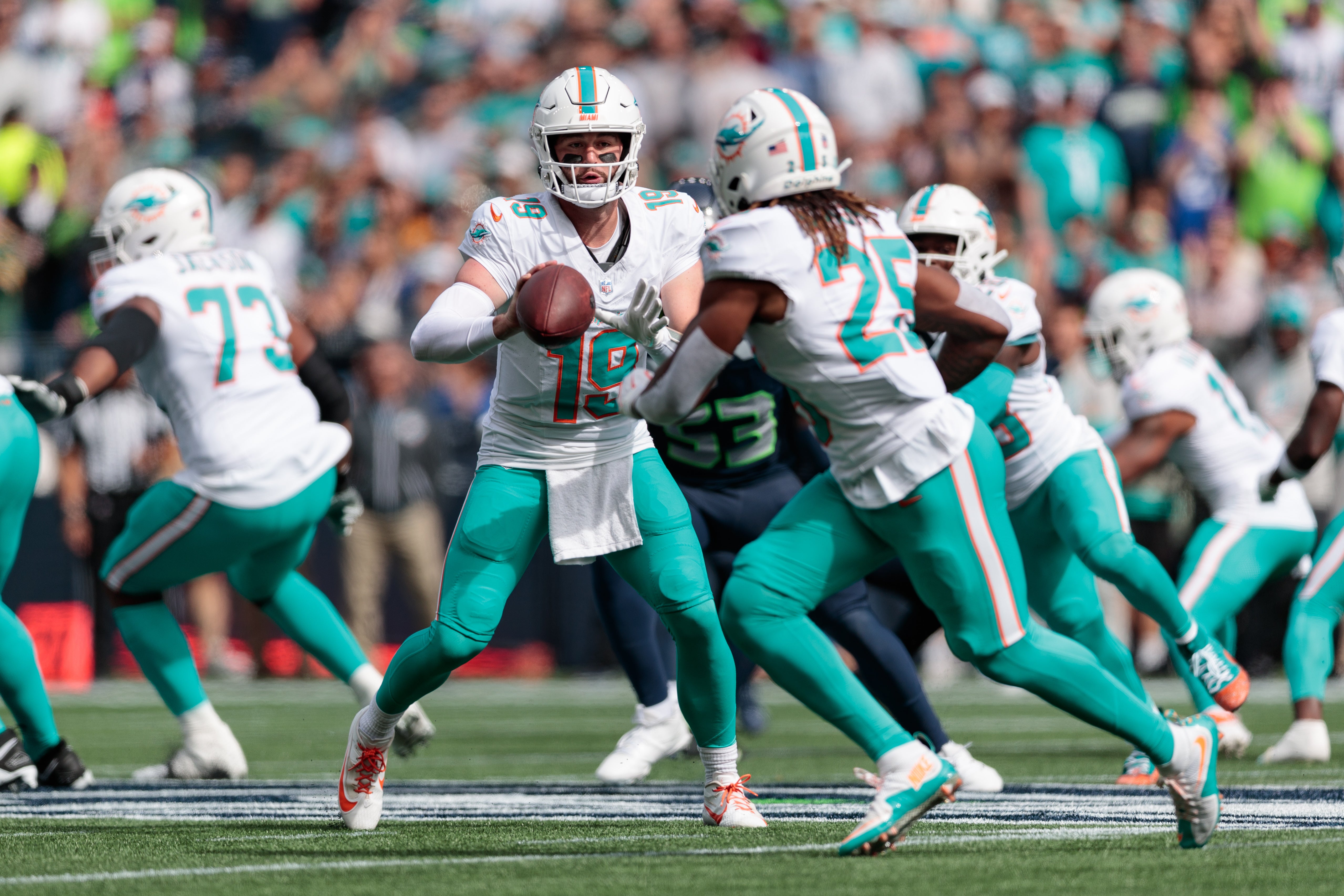 Sep 22, 2024; Seattle, Washington, USA; Miami Dolphins quarterback Skylar Thompson (19) passes the ball during the first quarter against Seattle Seahawks at Lumen Field.