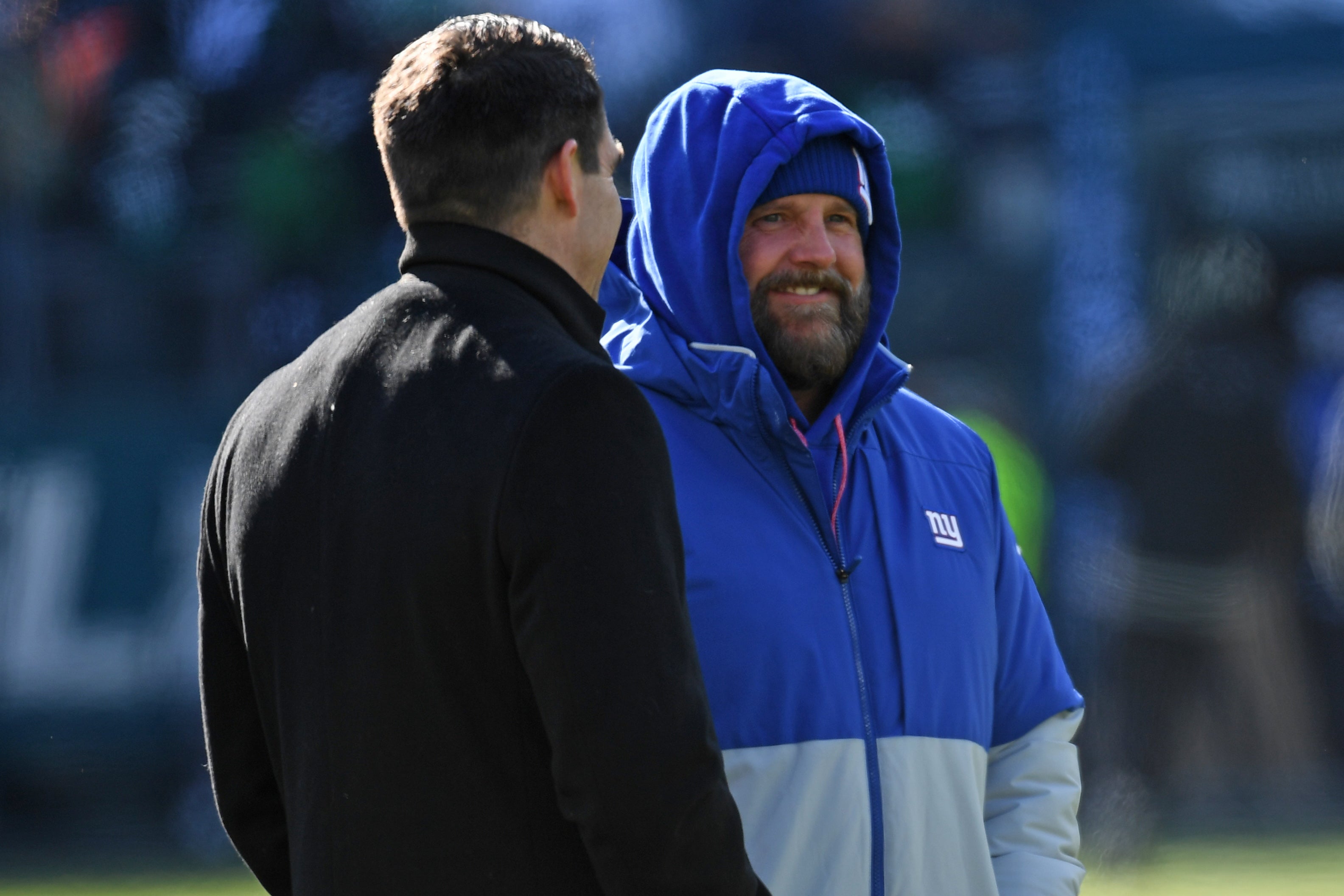 Jan 5, 2025; Philadelphia, Pennsylvania, USA; New York Giants general manager Joe Schoen and head coach Brian Daboll before game against the Philadelphia Eagles at Lincoln Financial Field.