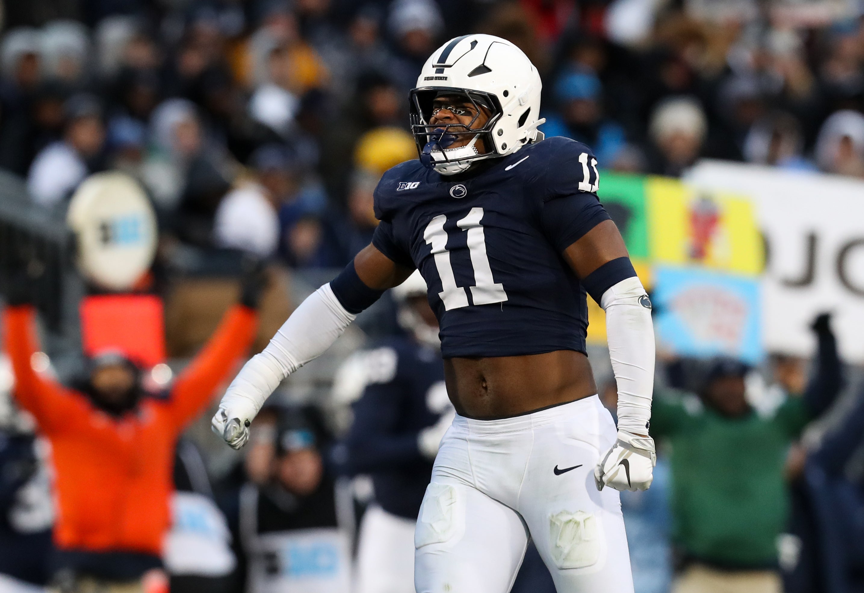 Notes: Caption Correction) Penn State Nittany Lions defensive end Abdul Carter (11) reacts after sacking Maryland Terrapins quarterback MJ Morris (not pictured) during the first quarter at Beaver Stadium.