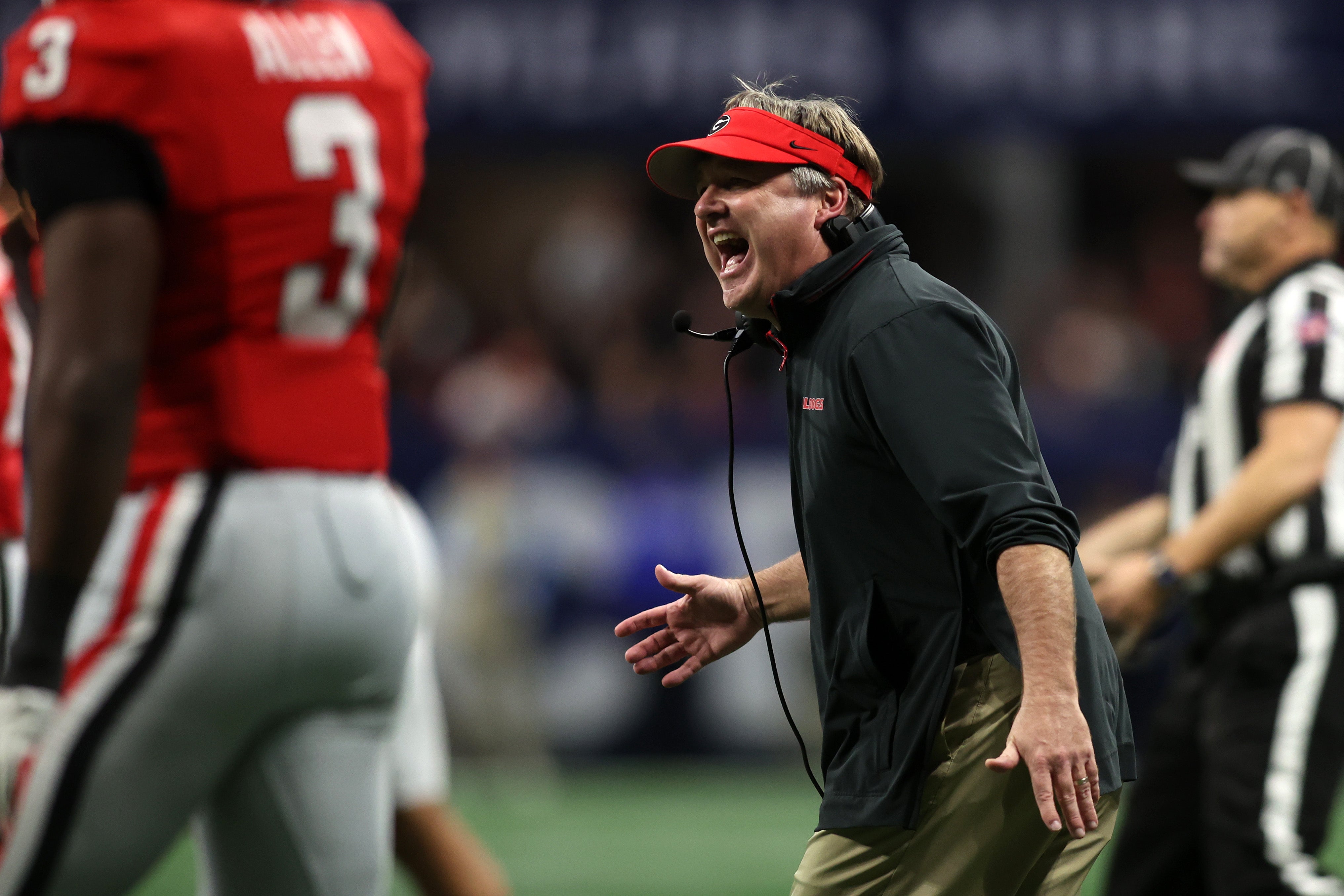 Kirby Smart, head coach of Georgia Bulldogs yelling from the sideline